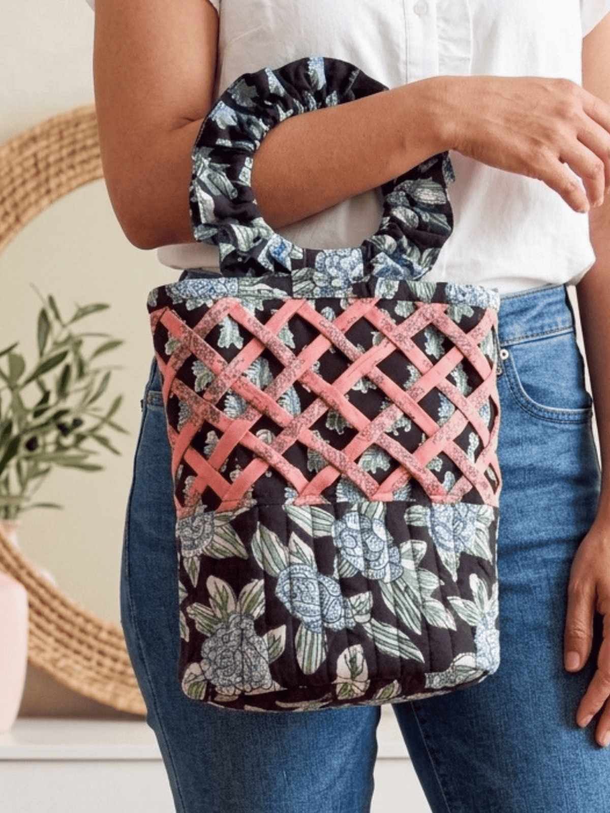Block Print Quilted Bucket Bag with Ruched Handles & Lattice Detail
