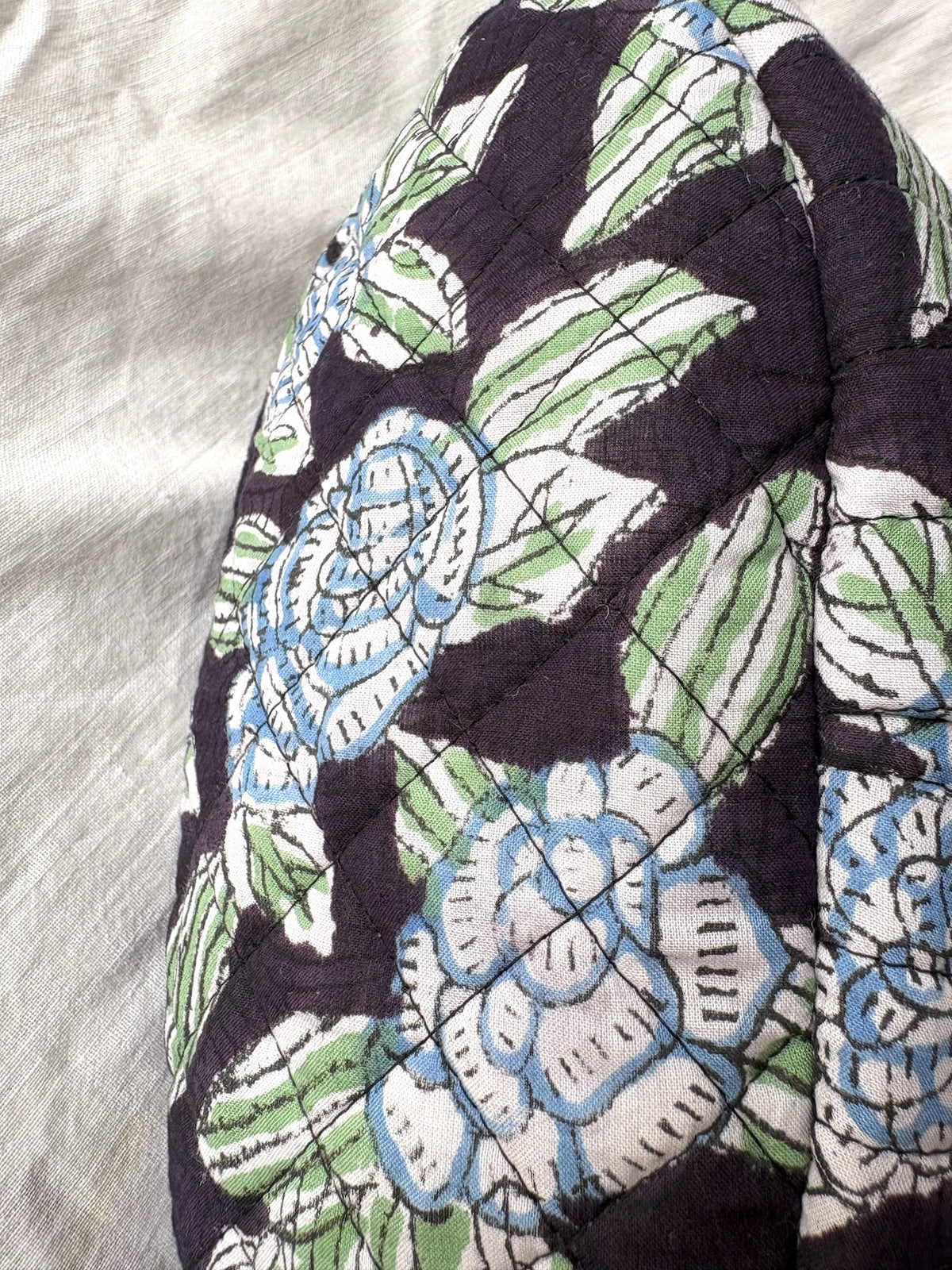 Block Print Quilted Bucket Bag with Ruched Handles & Lattice Detail