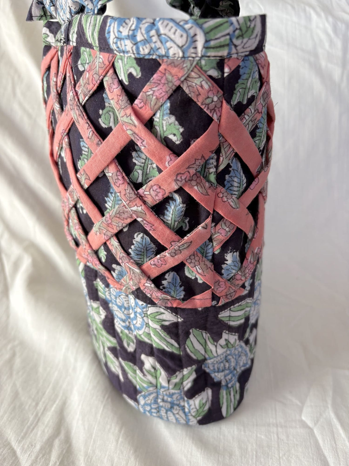 Block Print Quilted Bucket Bag with Ruched Handles & Lattice Detail