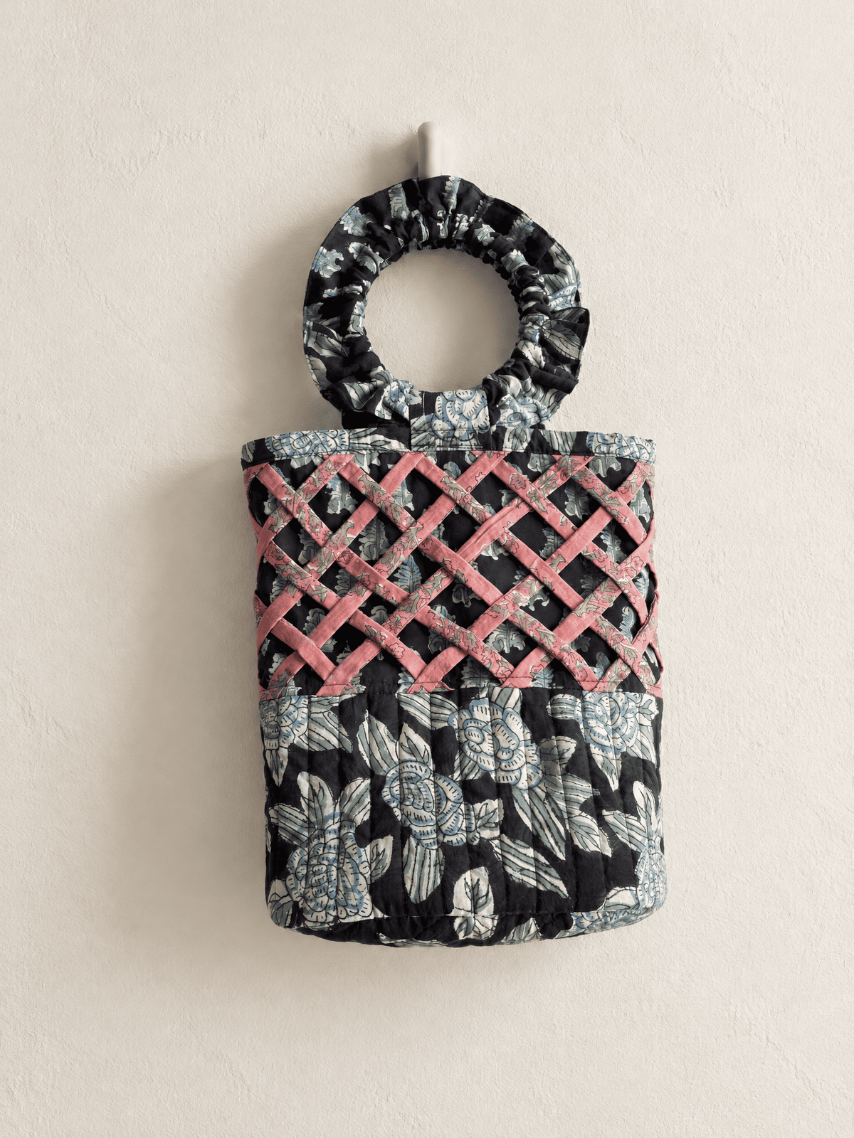 Block Print Quilted Bucket Bag with Ruched Handles & Lattice Detail