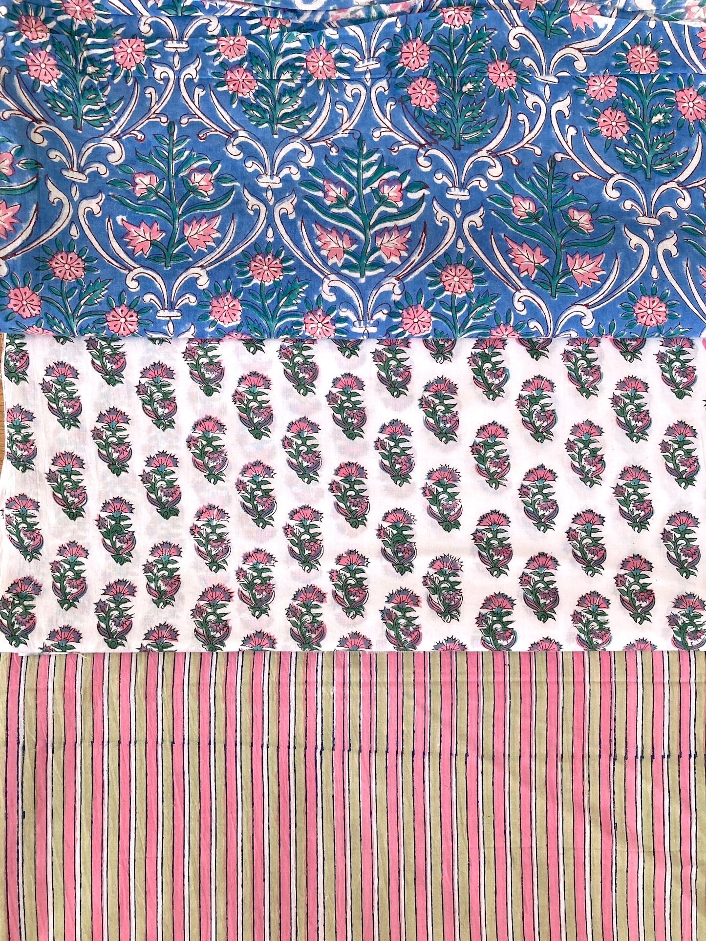 Hand Block Print Blue Floral Cotton Fabric  #265-15
