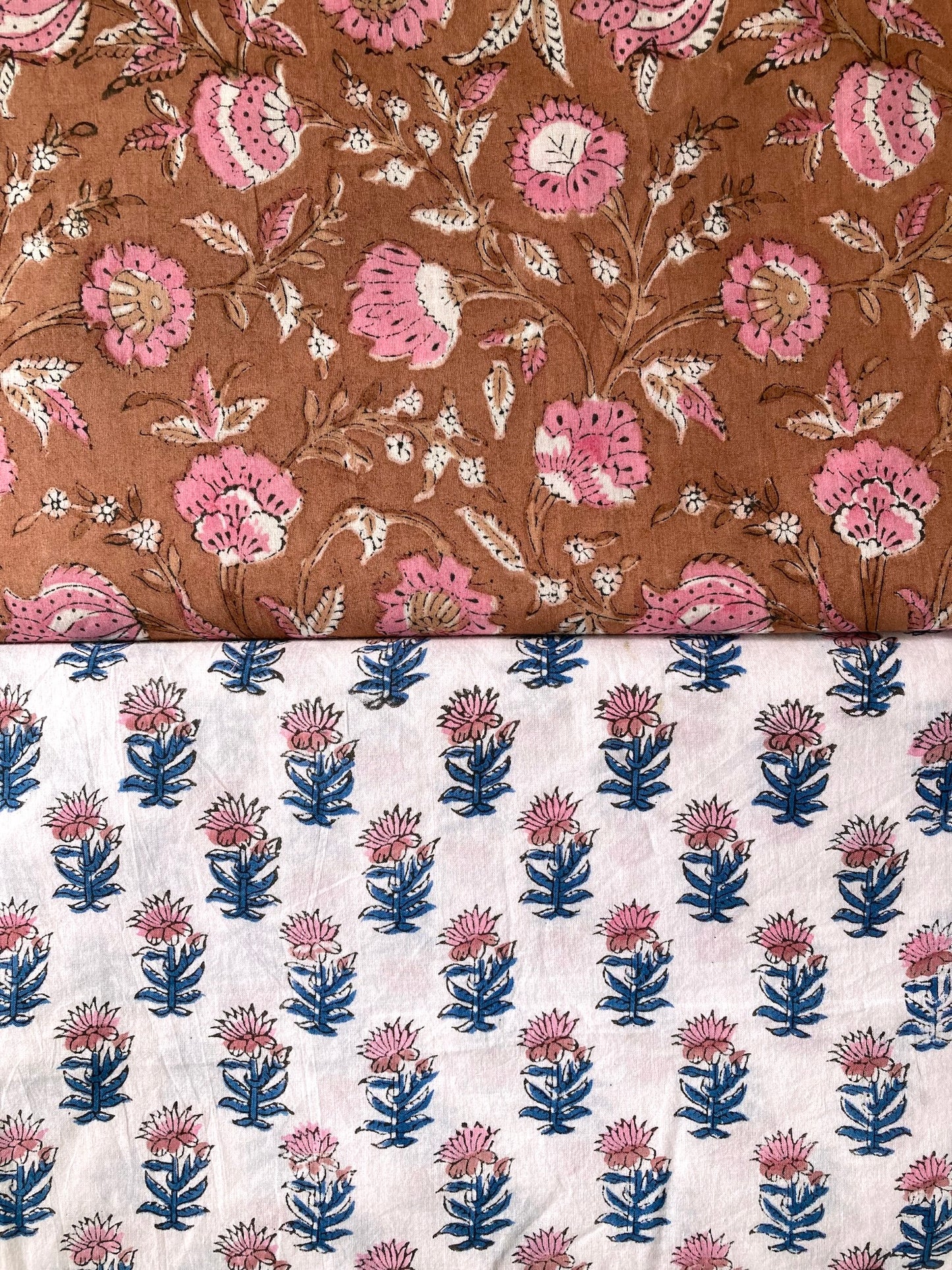 Hand Block Print Brown x Pink Cotton Fabric  #273-12