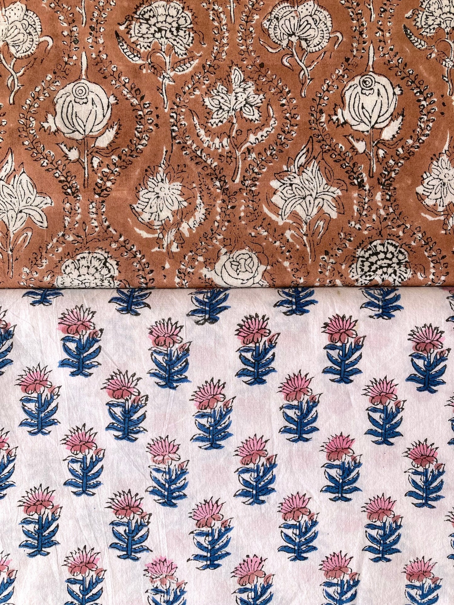 Hand Block Print White Floral Cotton Fabric  #273-14