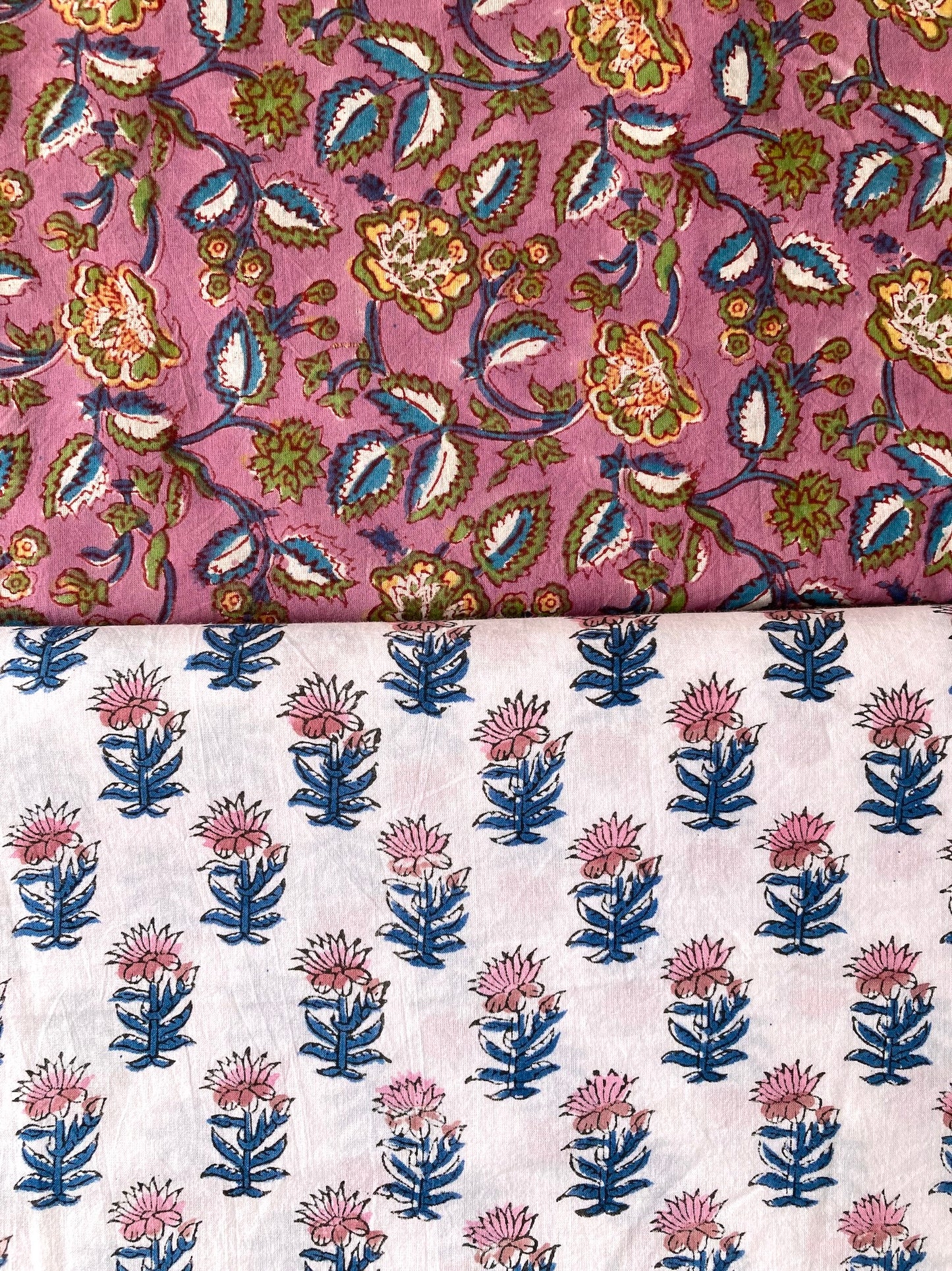 Hand Block Print White Floral Cotton Fabric  #273-14