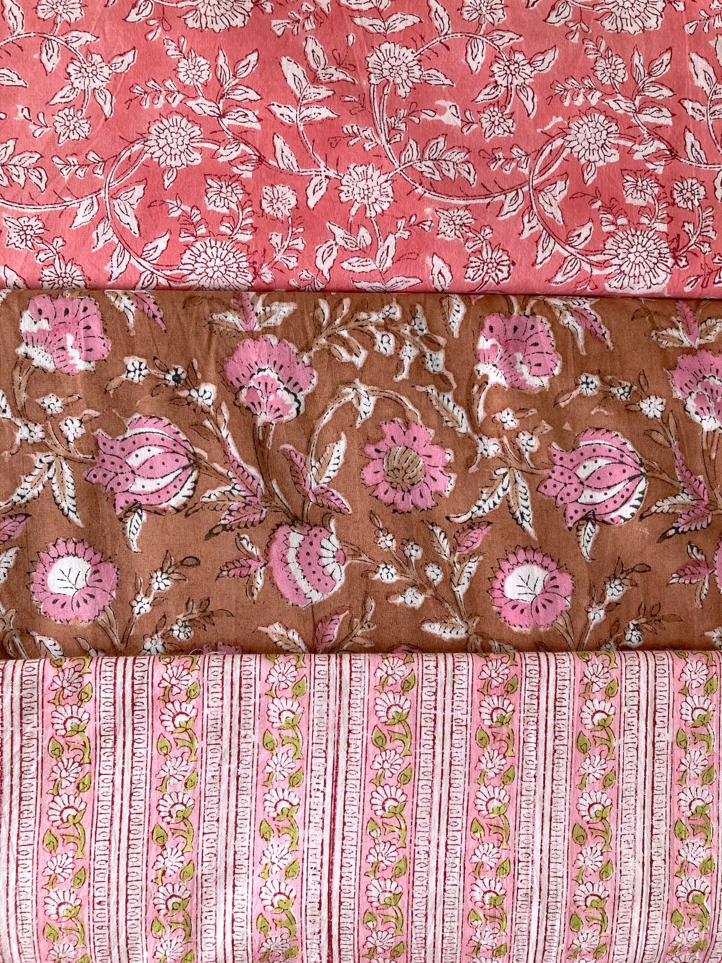 Hand Block Print Brown x Pink Cotton Fabric  #273-12