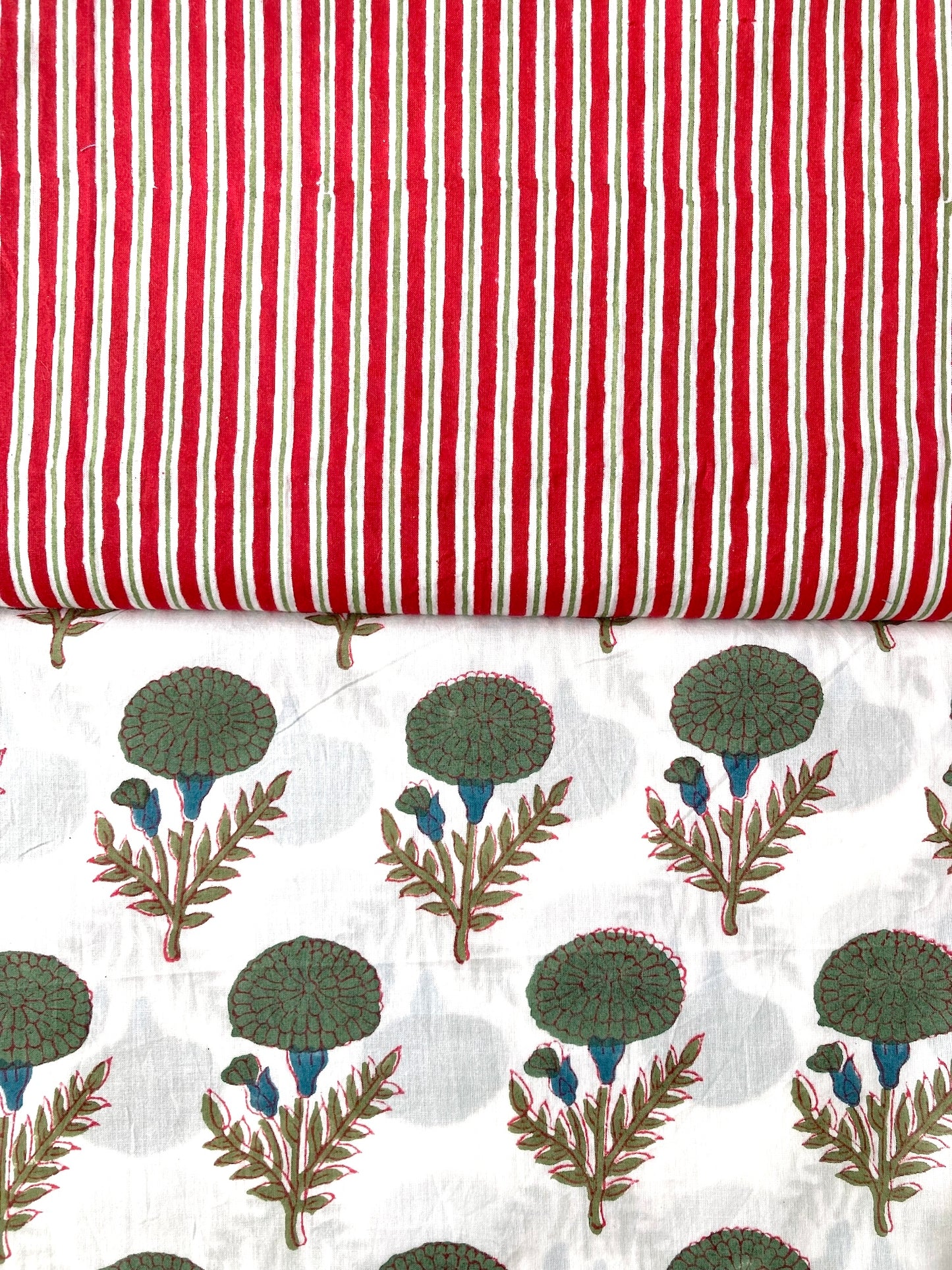 ハンドブロックプリント レッド x グリーン ストライプ コットン生地  #294-12