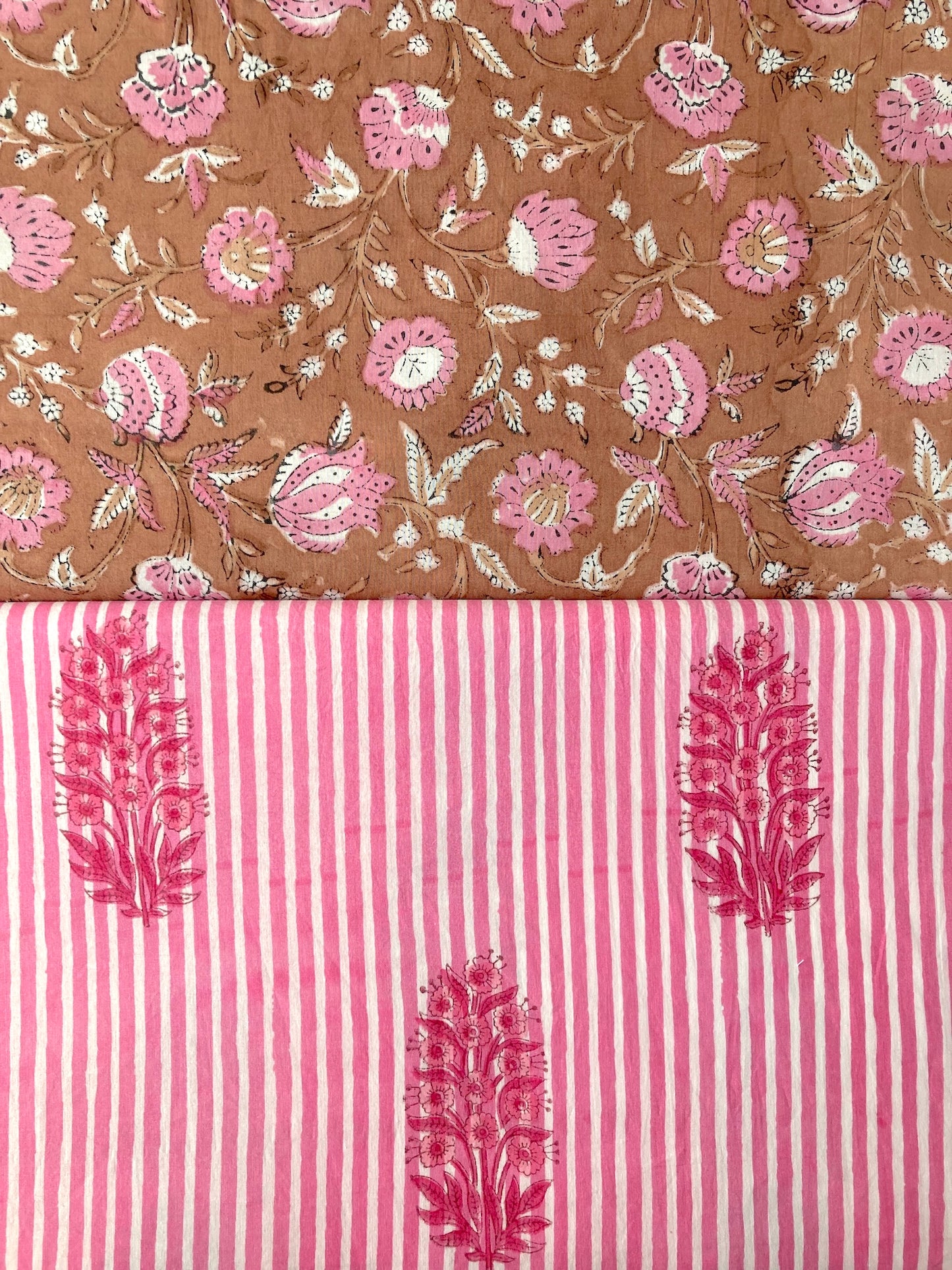 ハンドブロックプリント ピンク ストライプ 花柄 コットンプリント生地  #294-7
