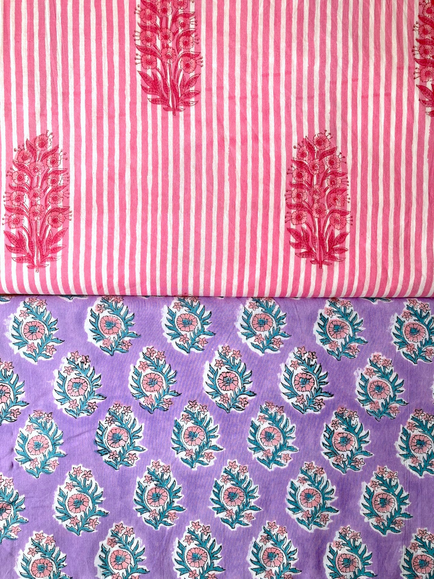 ハンドブロックプリント ピンク ストライプ 花柄 コットンプリント生地  #294-7