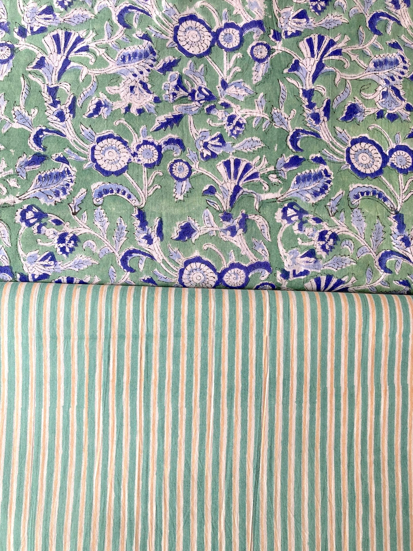 ハンドブロックプリント グリーン x ベージュ ストライプ コットン生地  #294-8