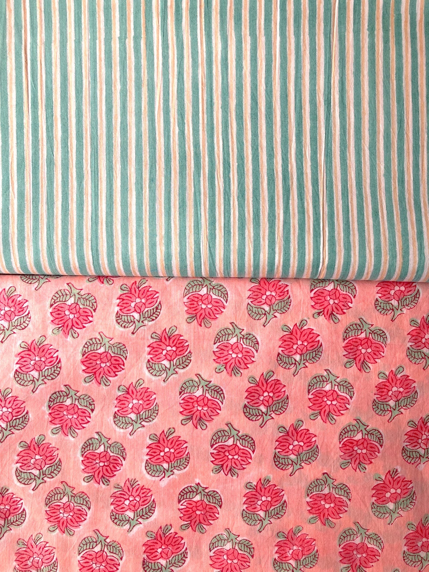 ハンドブロックプリント グリーン x ベージュ ストライプ コットン生地  #294-8