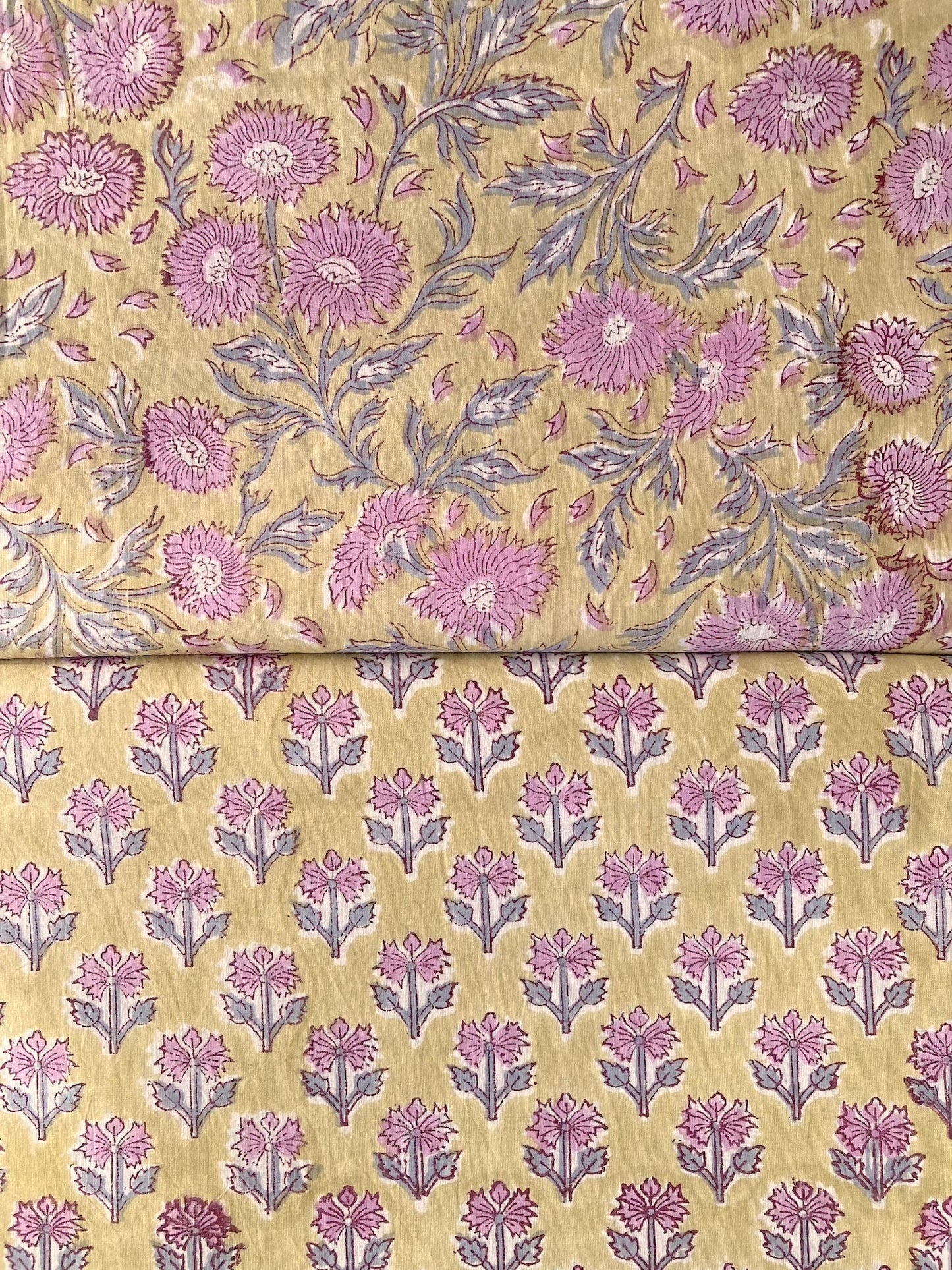 Hand Block Print Yellow Floral Cotton Fabric  #294-11