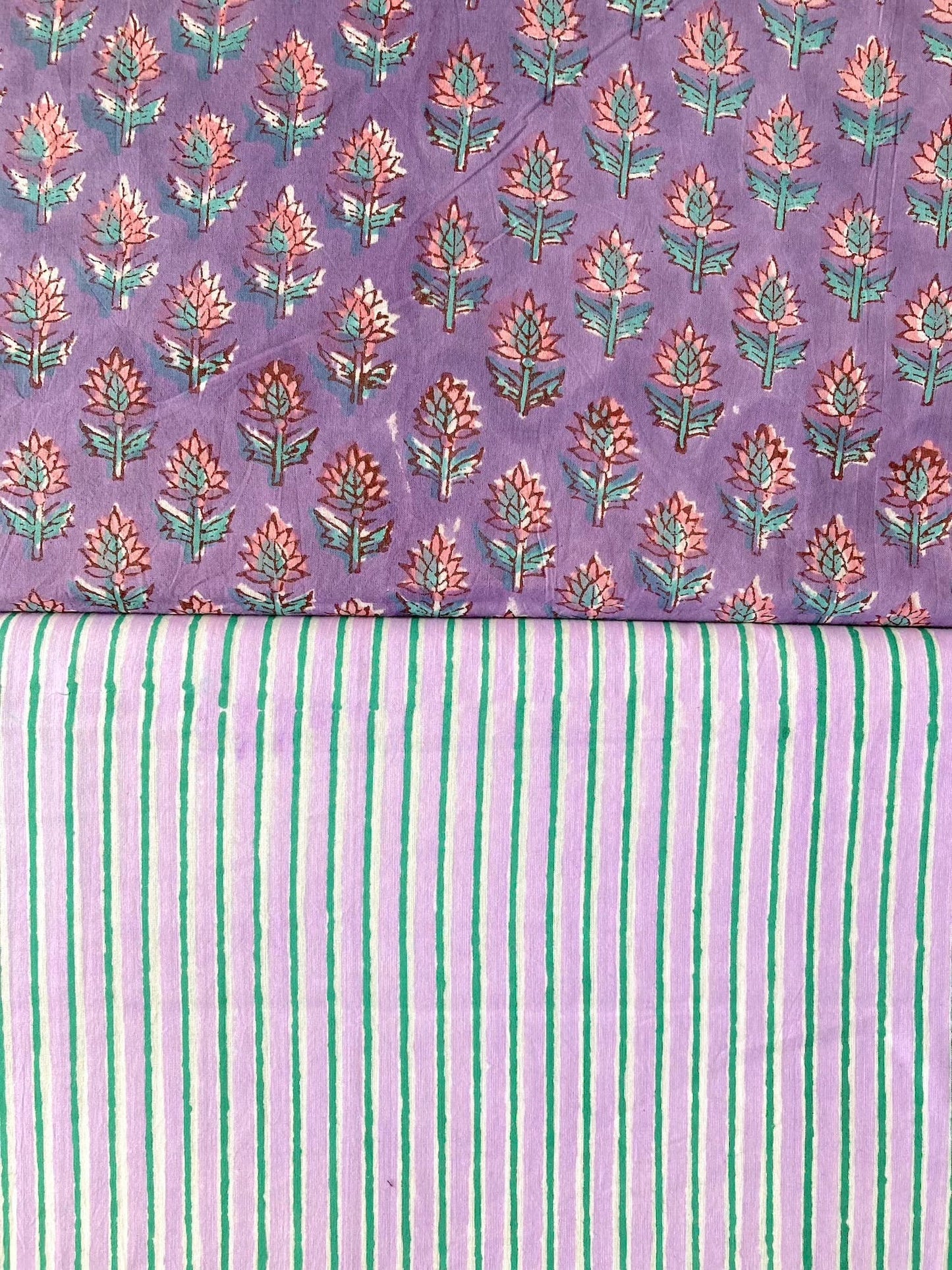 ハンドブロックプリント パープル x グリーン ストライプ コットン生地  #273-13