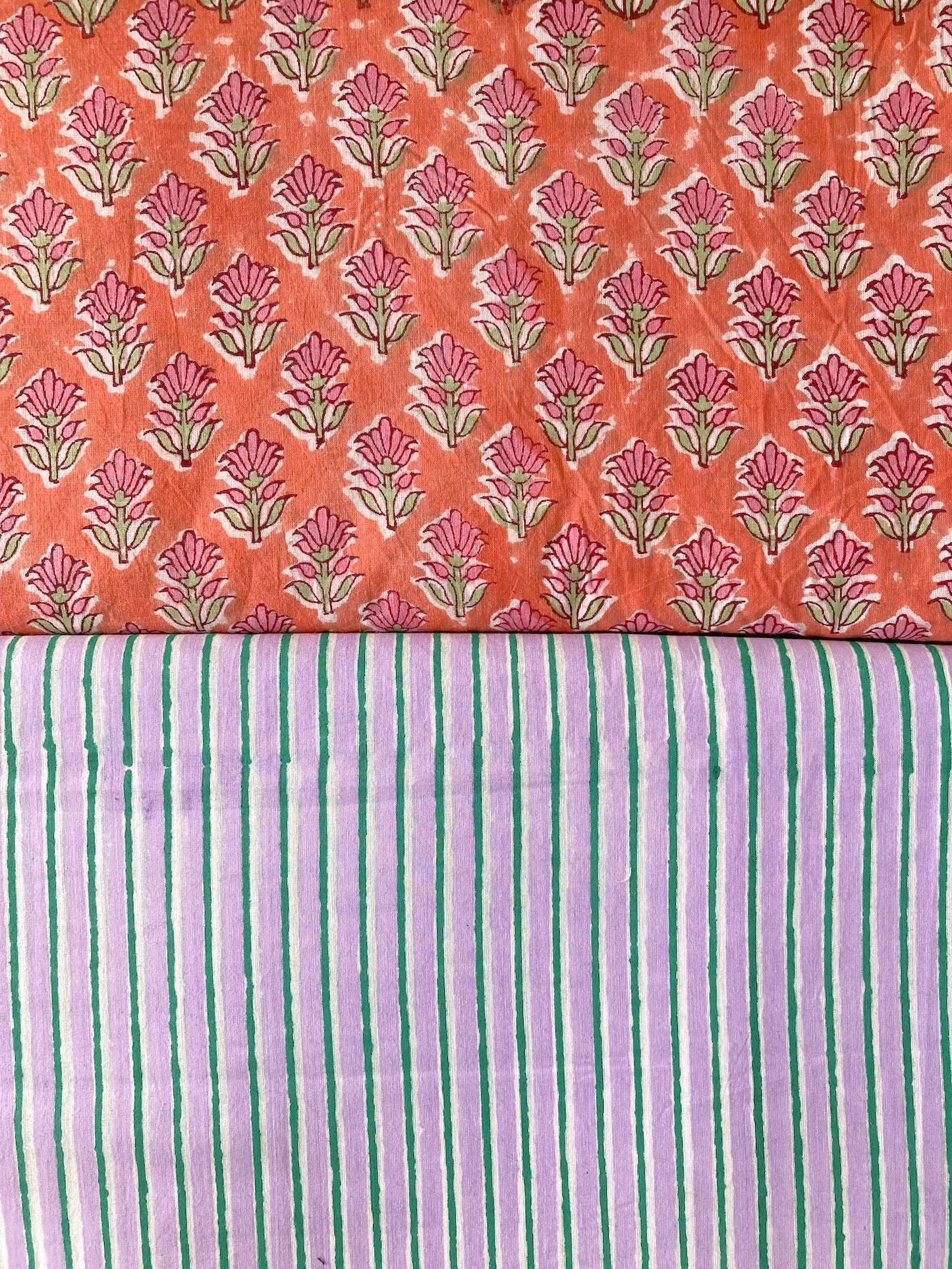ハンドブロックプリント パープル x グリーン ストライプ コットン生地  #273-13