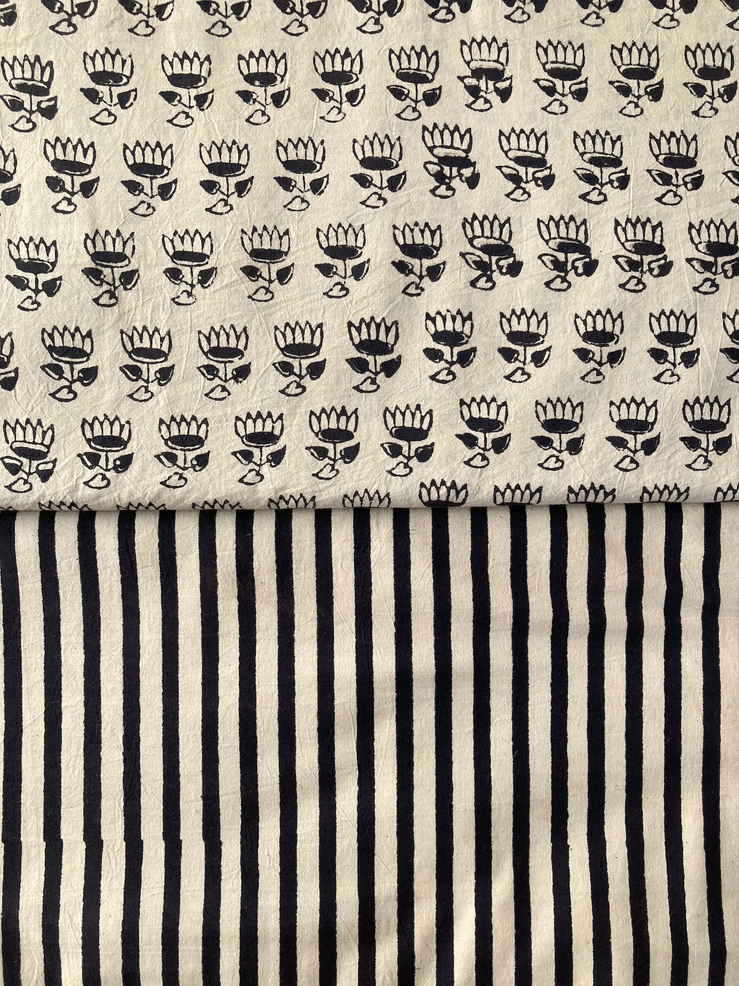 ハンドブロックプリント バグルーブラックストライプ コットン生地 #289-1