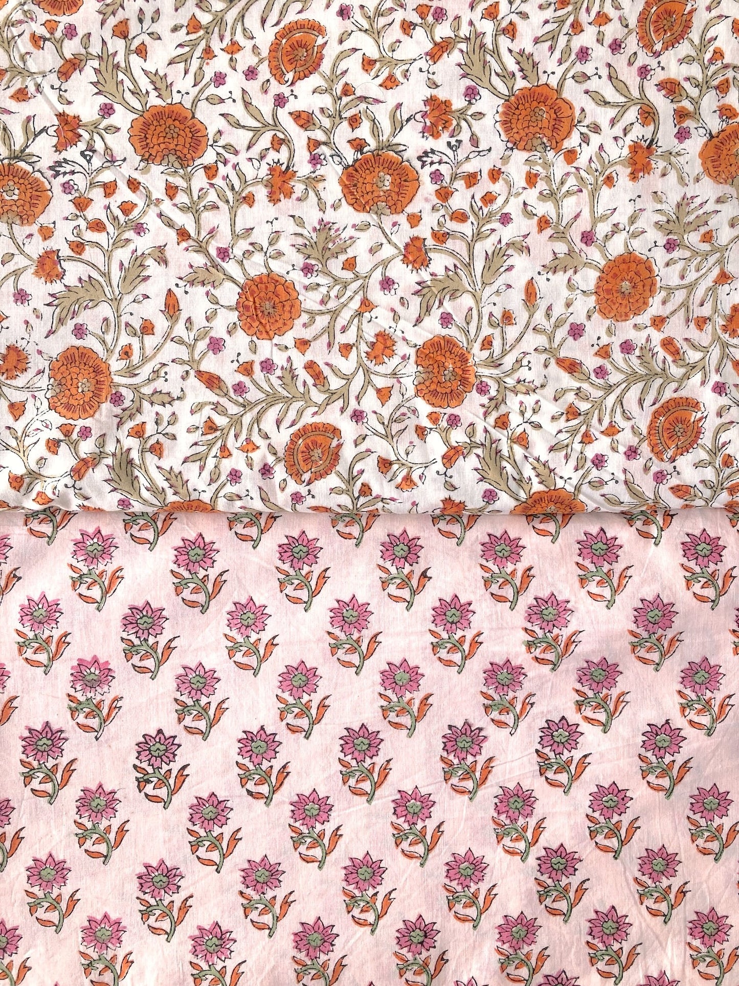 ハンドブロックプリント ホワイト オレンジ 花柄 コットンプリント生地  #296-3