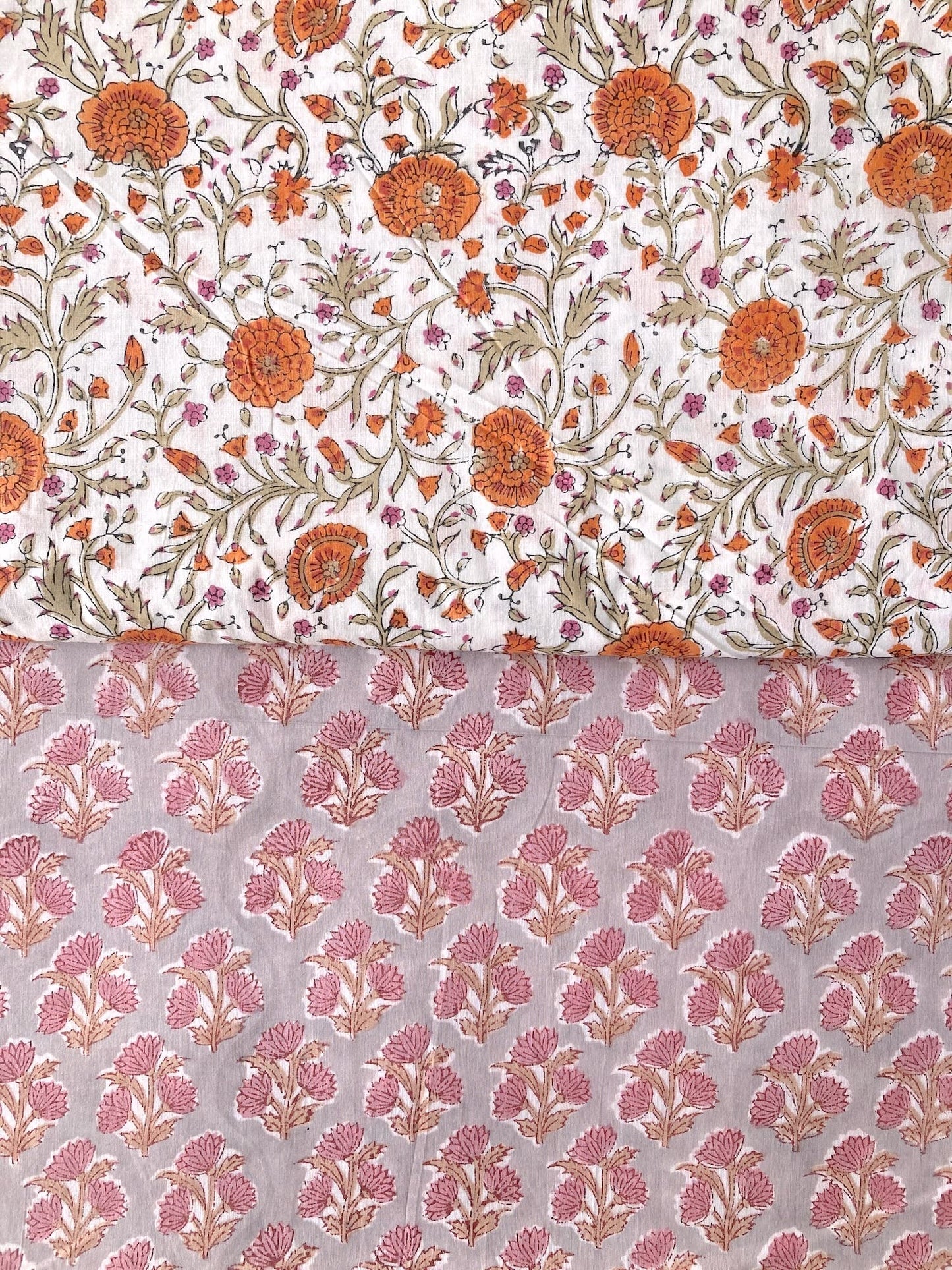 ハンドブロックプリント ホワイト オレンジ 花柄 コットンプリント生地  #296-3