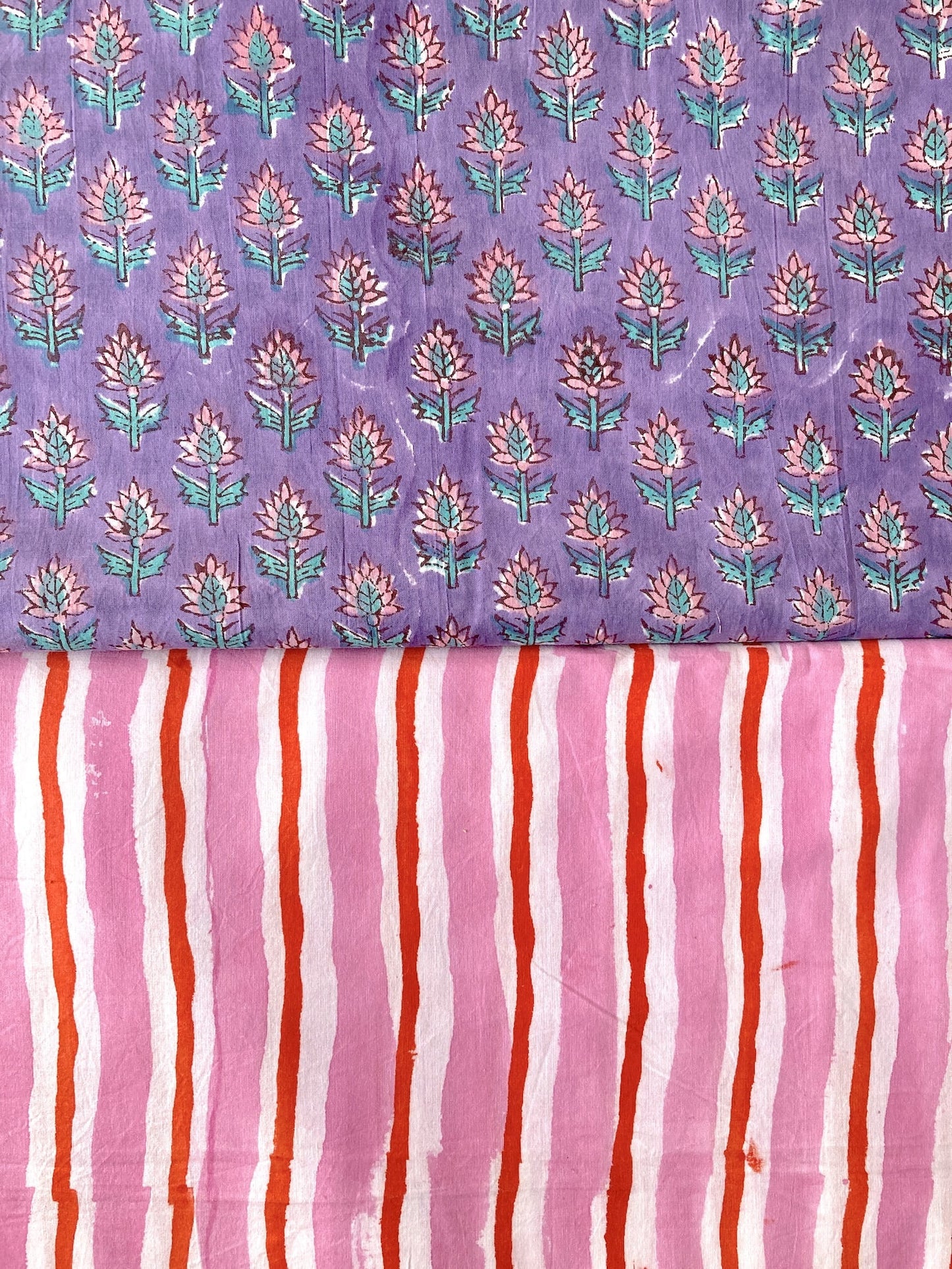 ハンドブロックプリント ピンク ストライプ コットンプリント生地  #289-19