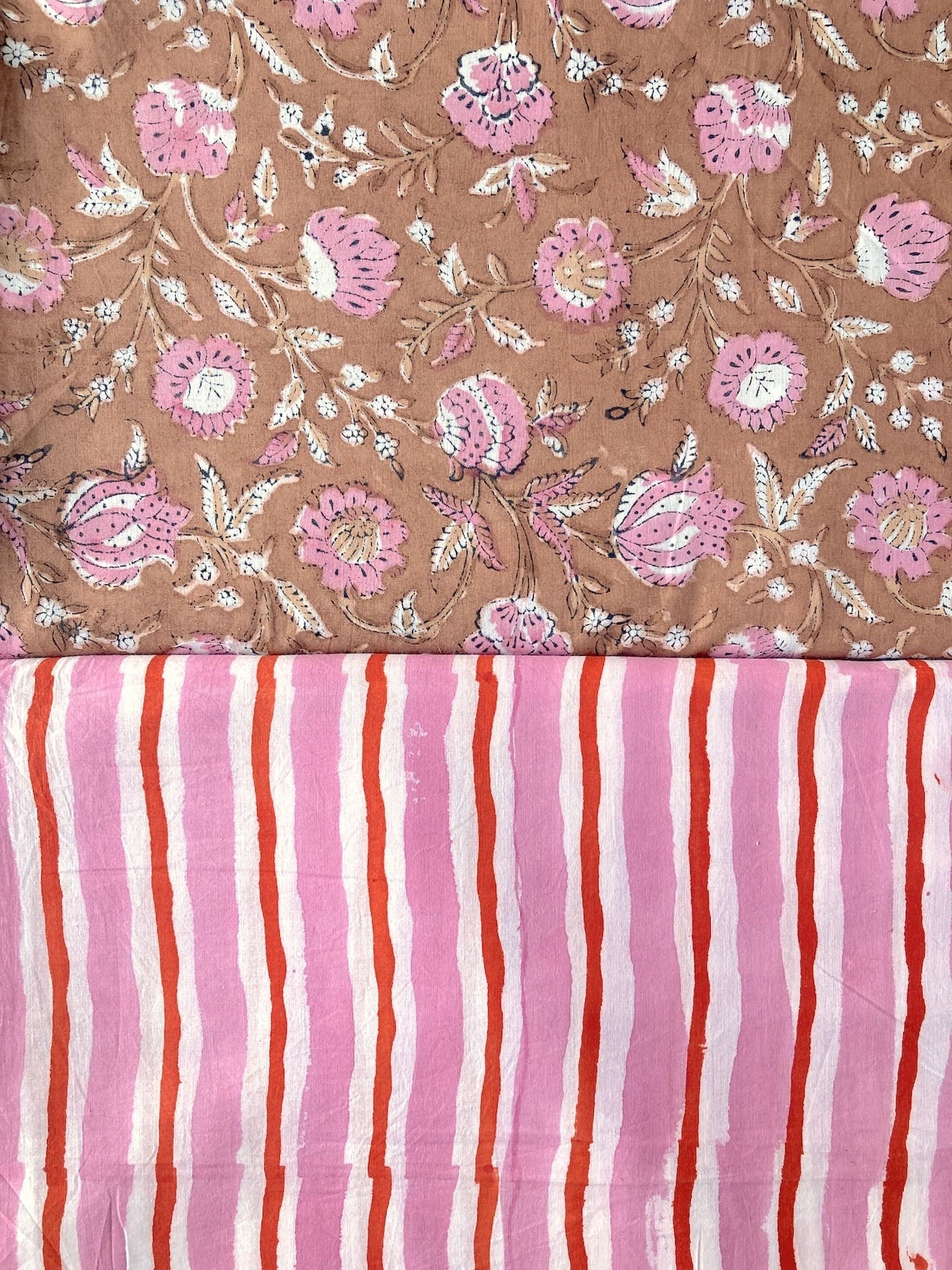 ハンドブロックプリント ピンク ストライプ コットンプリント生地  #289-19