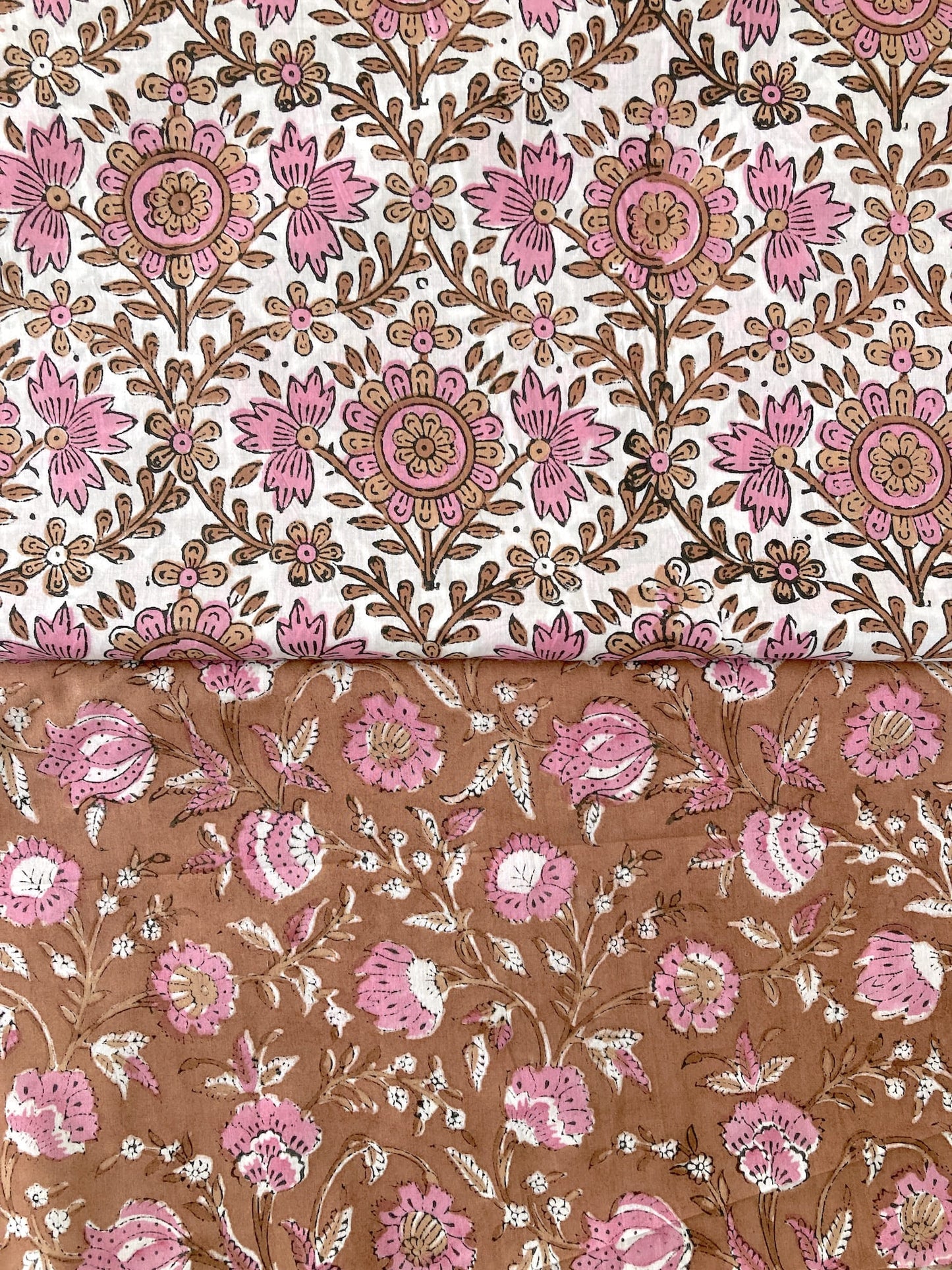 ハンドブロックプリント ピンク x ブラウン コットンプリント生地  #287-16