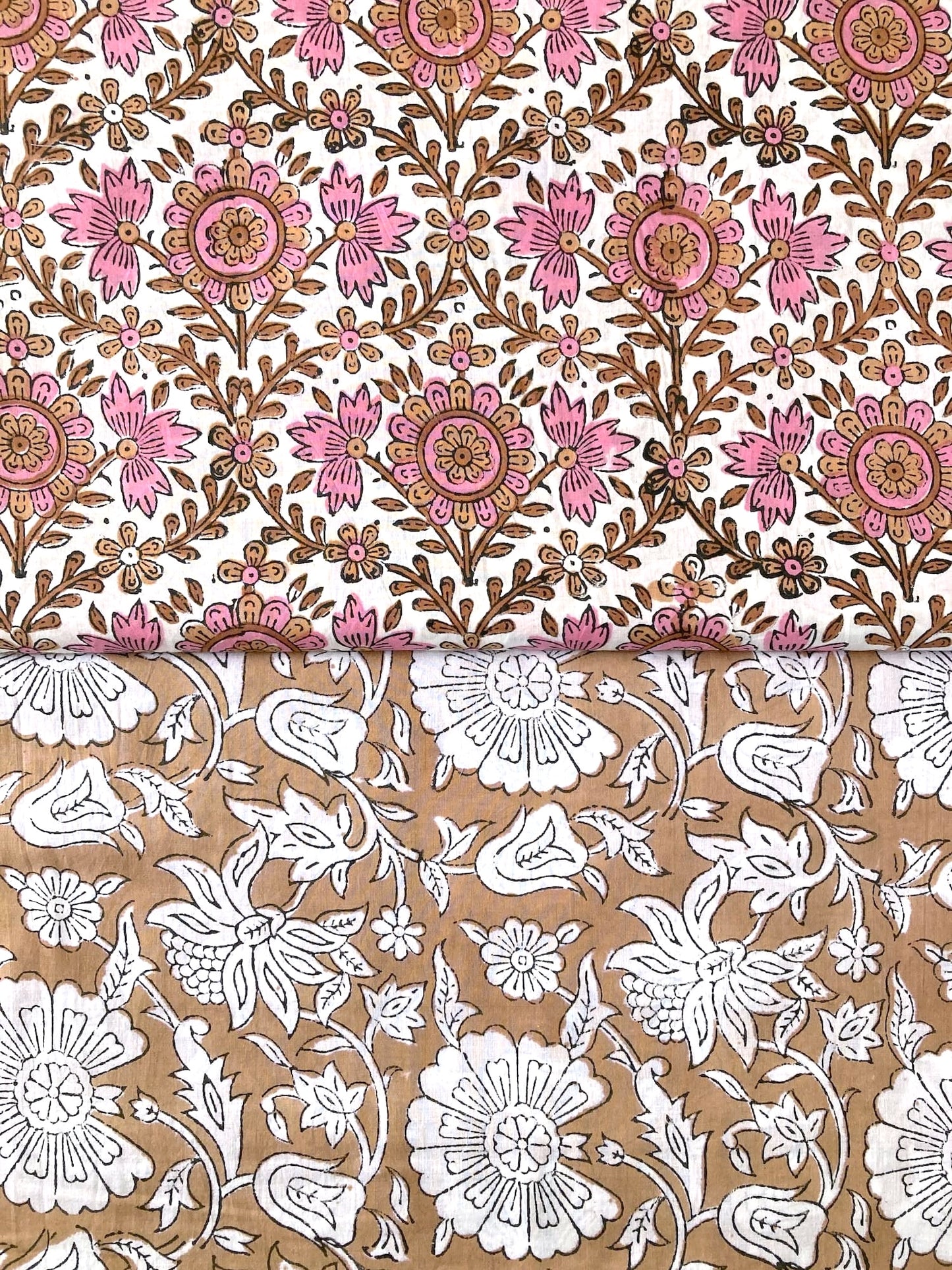 ハンドブロックプリント ピンク x ブラウン コットンプリント生地  #287-16