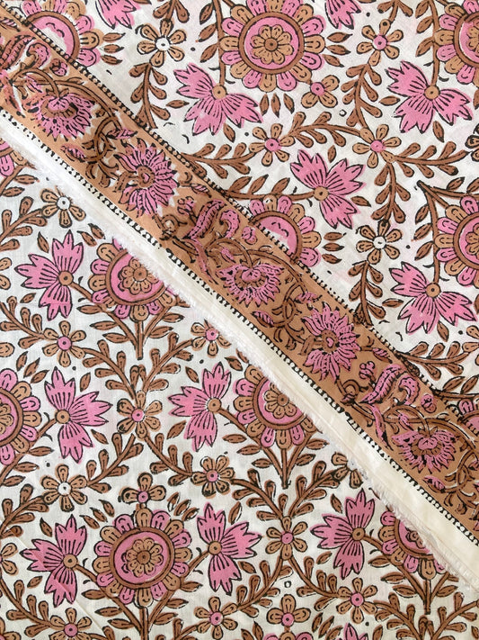 ハンドブロックプリント ピンク x ブラウン コットンプリント生地  #287-16