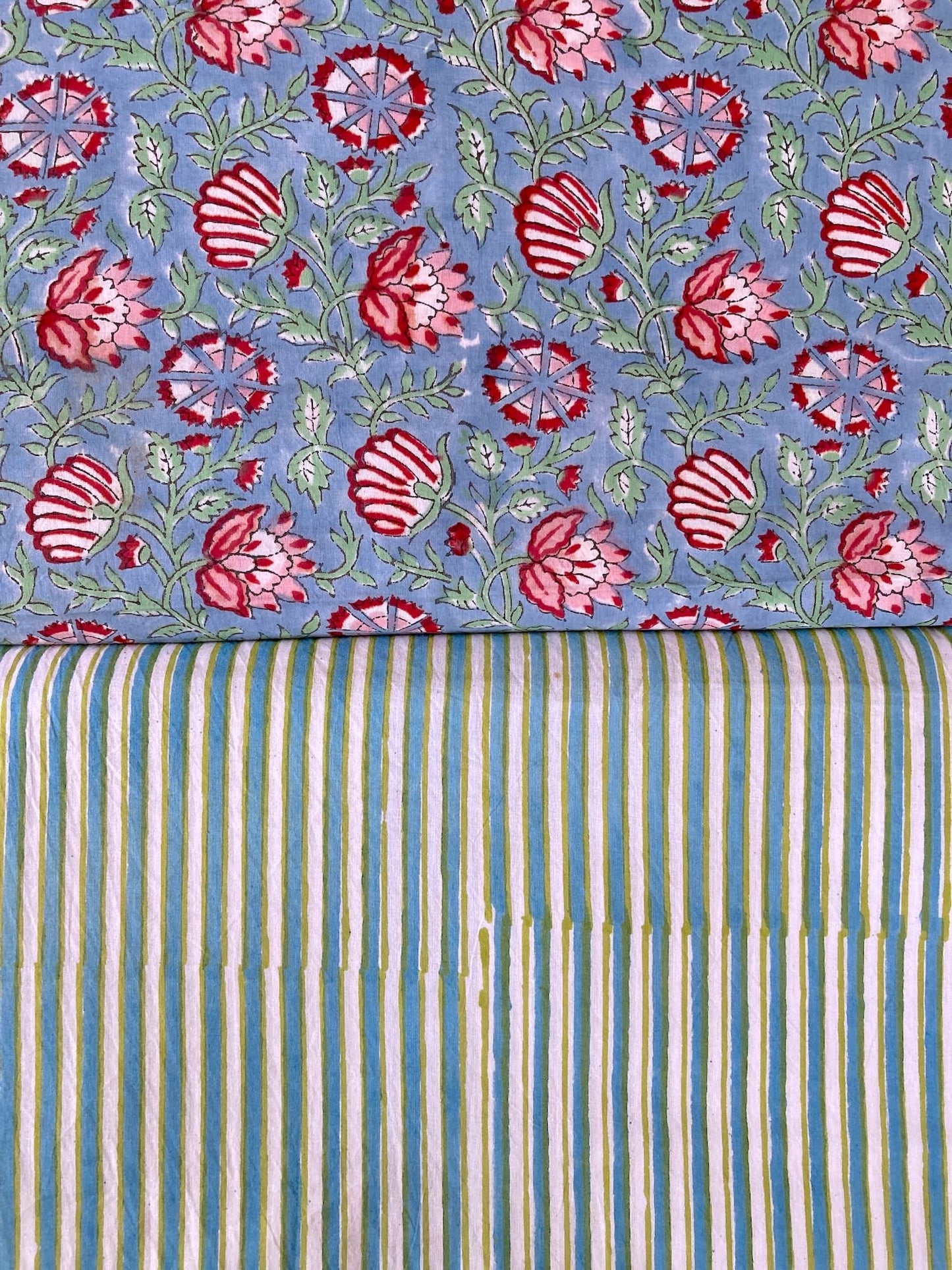 Hand Block Print Light Blue Border Cotton Fabric  #298-2