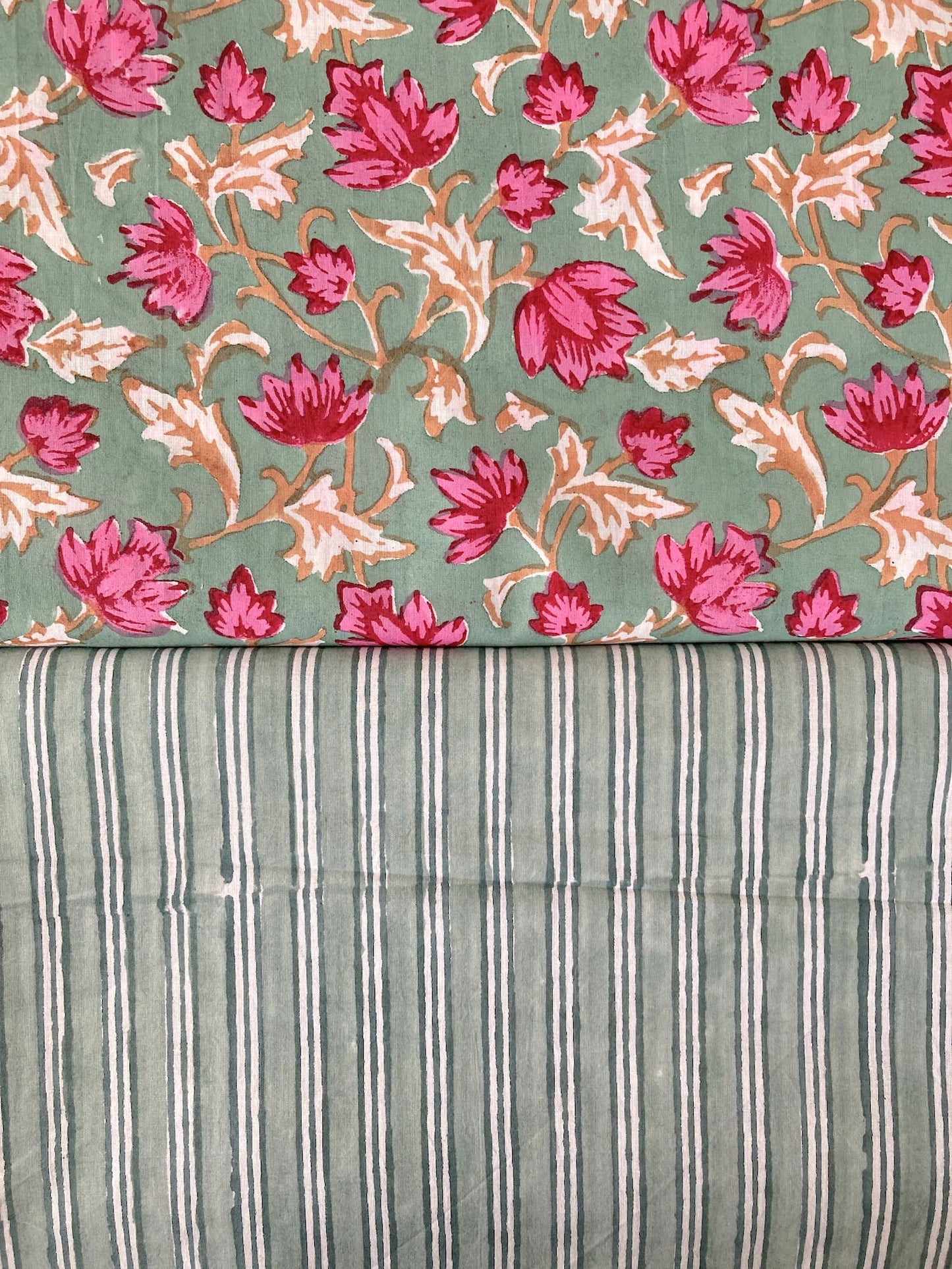 Hand Block Print  Vintage Green Stripes Cotton Fabric  #299-7