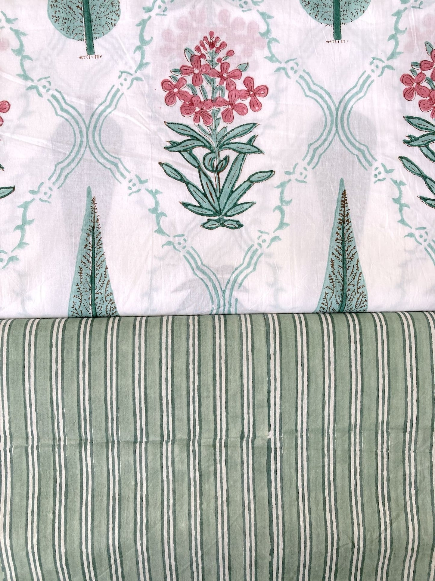 Hand Block Print  Vintage Green Stripes Cotton Fabric  #299-7