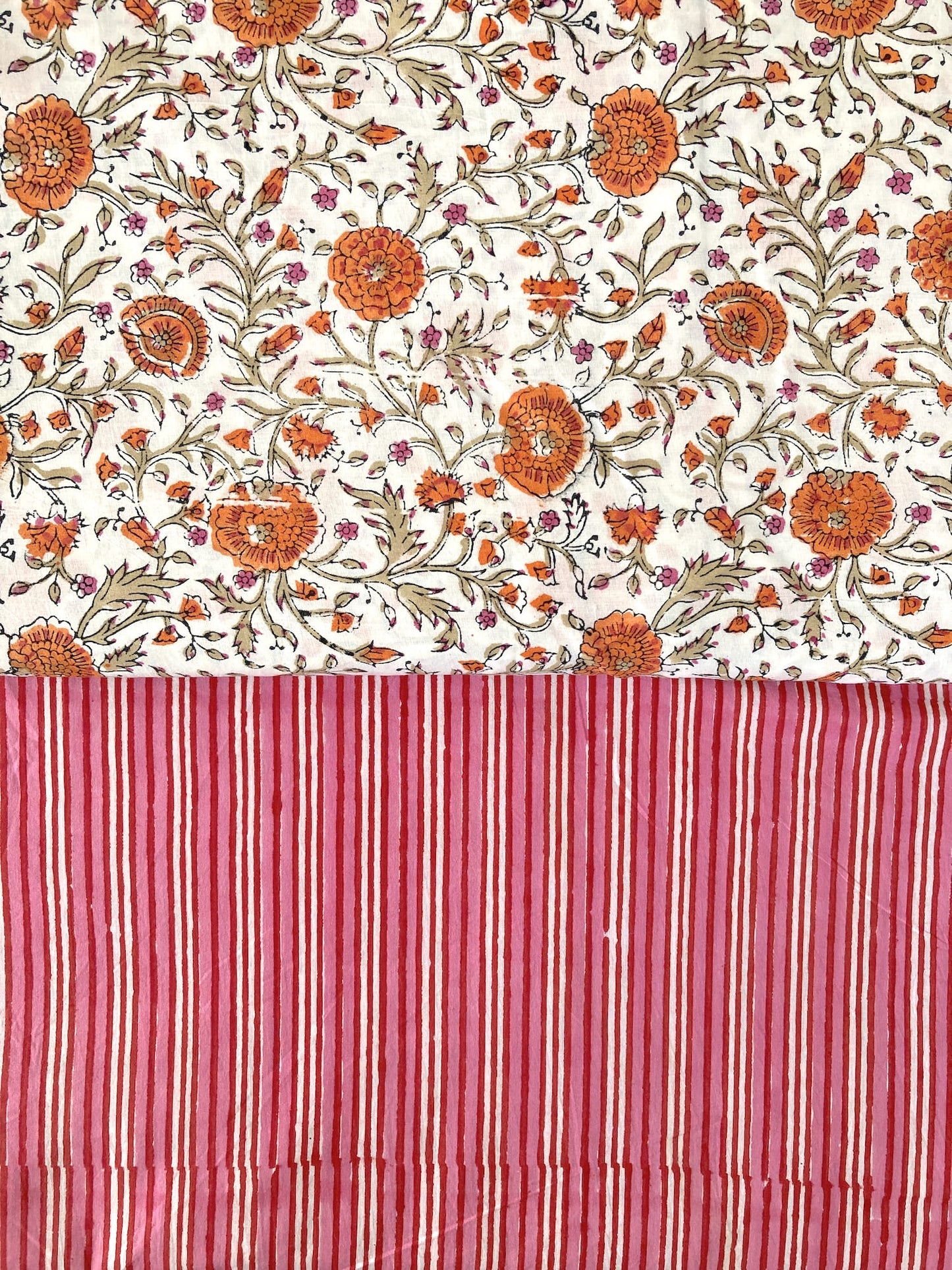 Hand Block Print Pink Brown Floral Cotton Fabric  #287-16