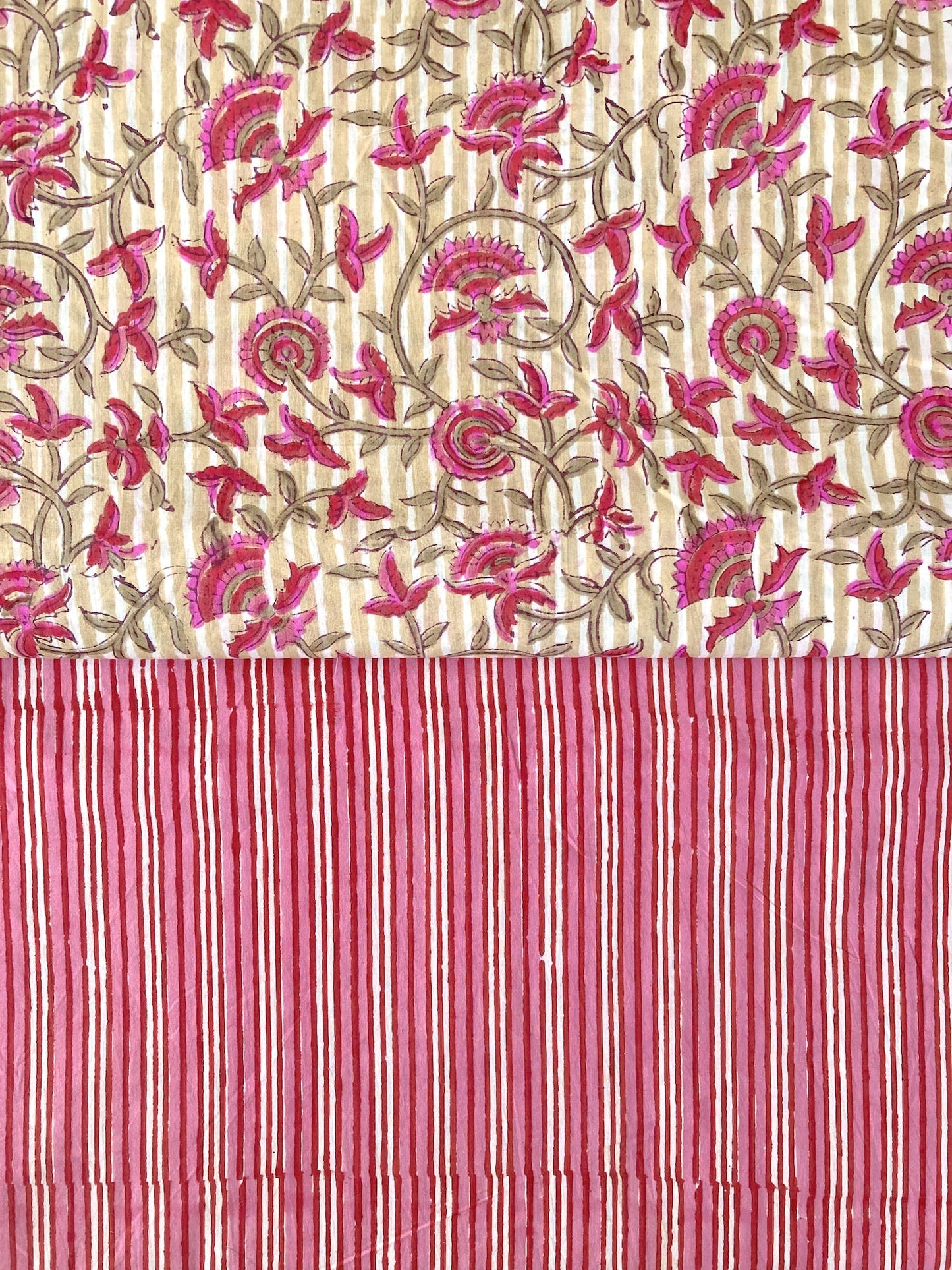 Hand Block Print Stripes x Floral Cotton Fabric  #298-9