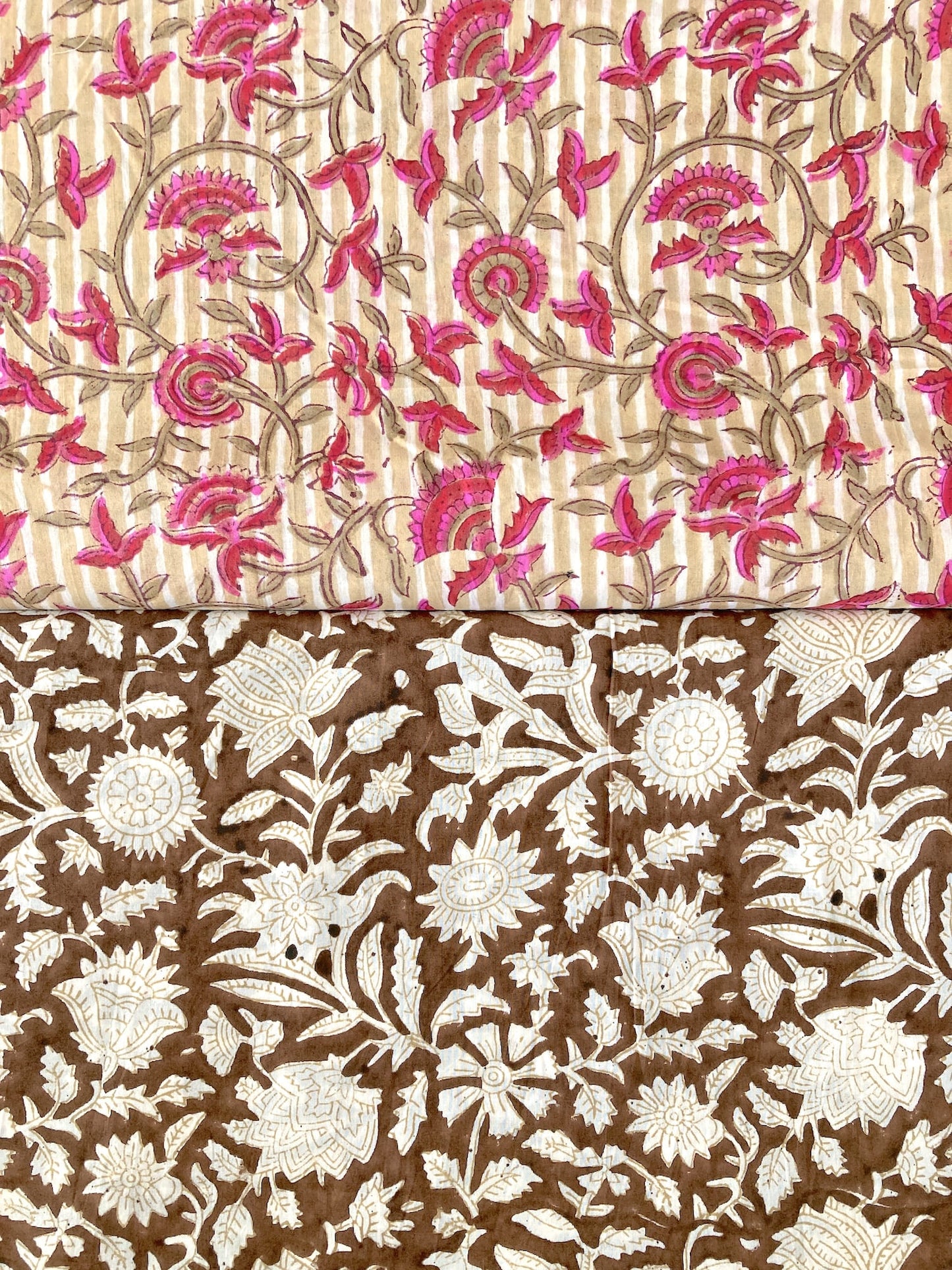 Hand Block Print Stripes x Floral Cotton Fabric  #298-9