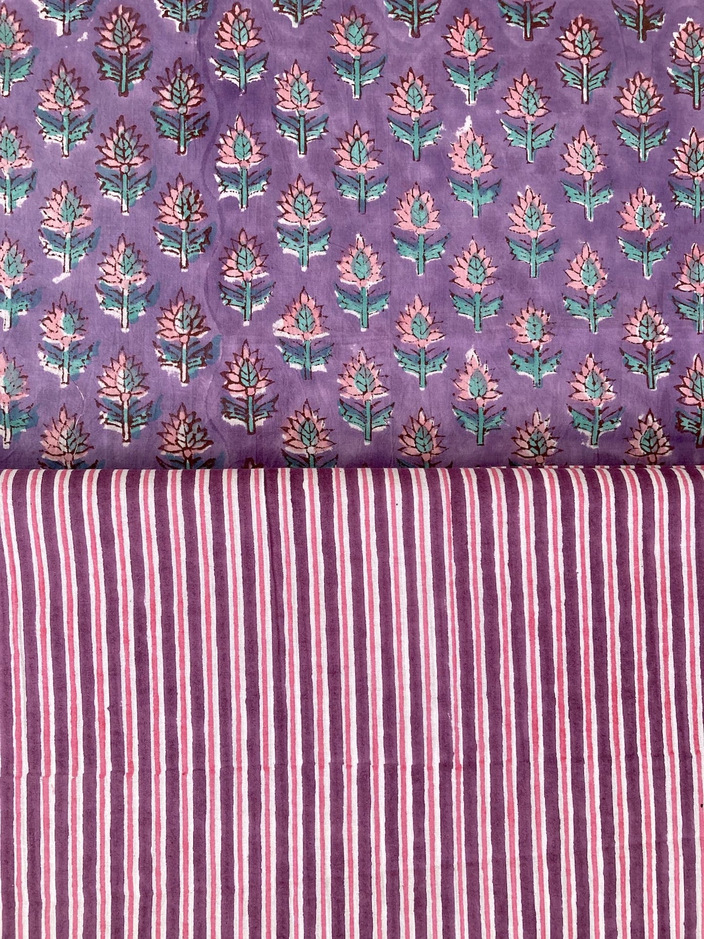 Hand Block Print Purple x Pink Stripes Cotton Fabric  #299-12