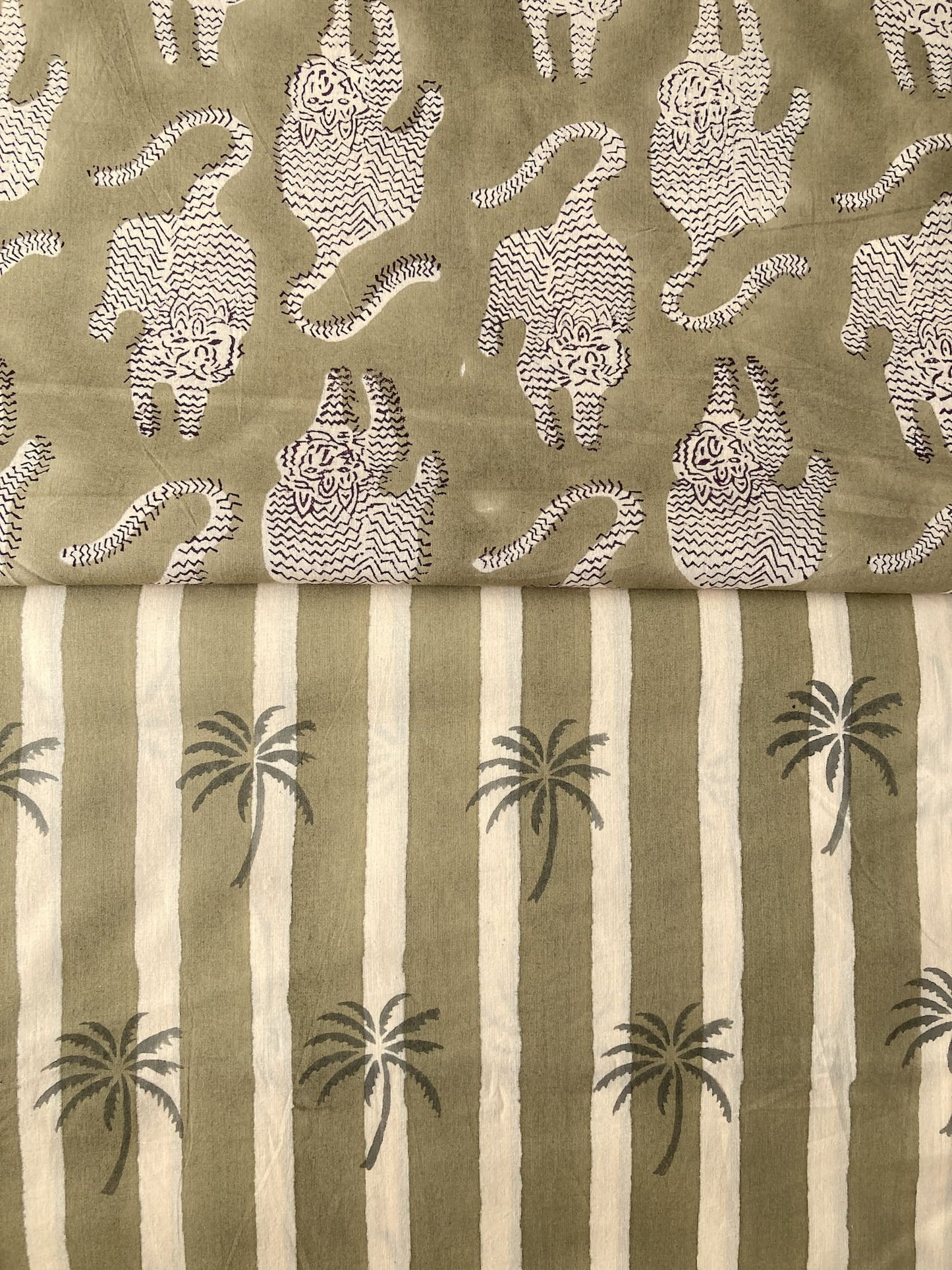 Hand Block Print Olive & Cream Tiger Cotton Fabric  #307-7