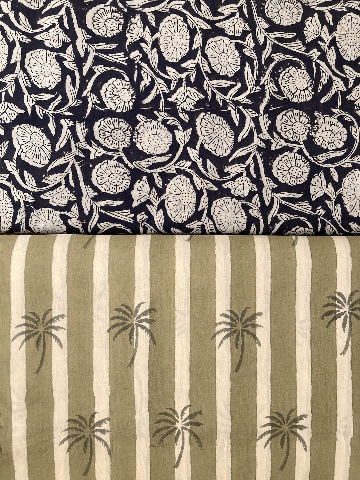 Hand Block Print Olive & Cream Palm Tree Cotton Fabric  #307-8