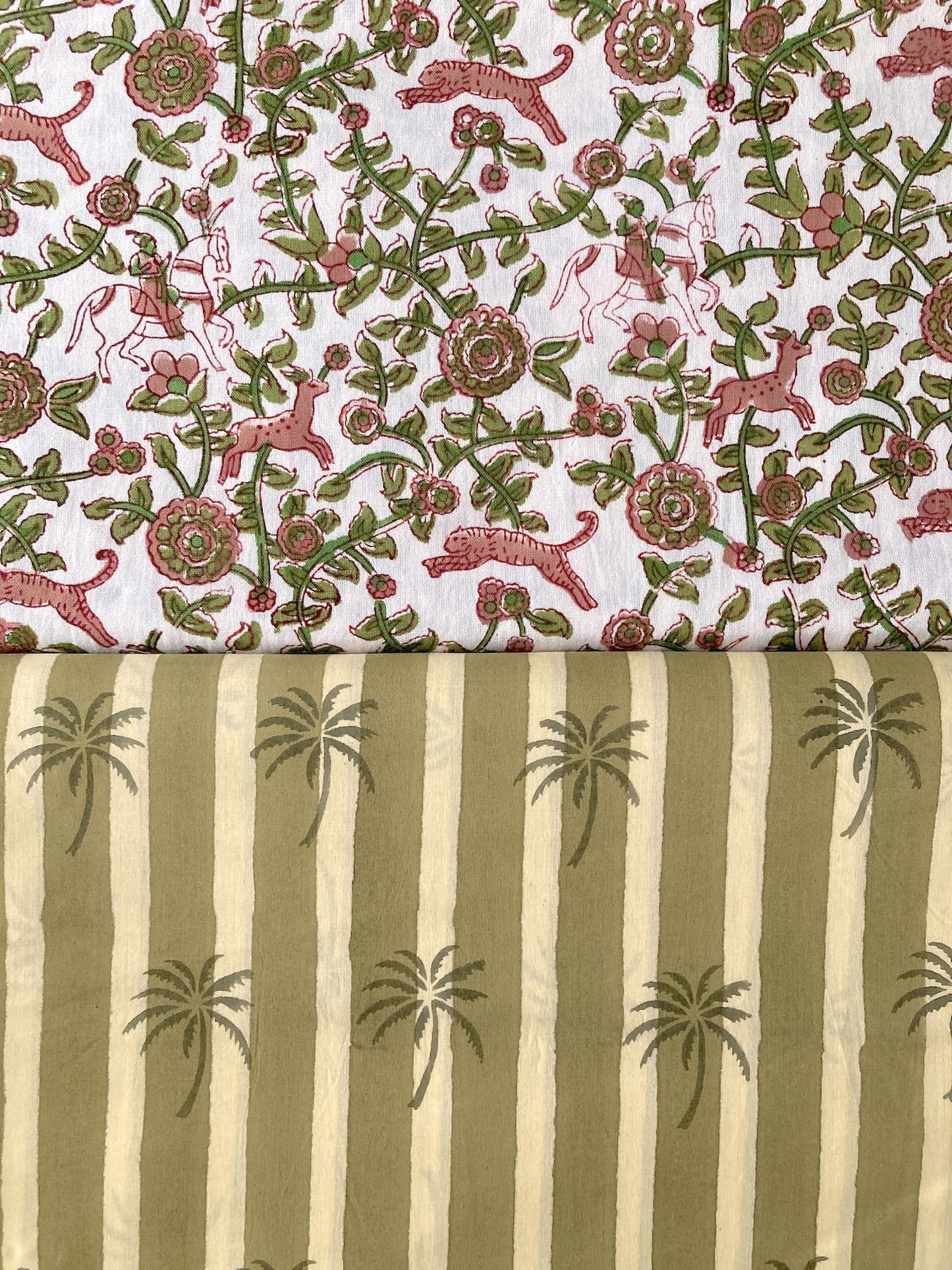 Hand Block Print Olive & Cream Palm Tree Cotton Fabric  #307-8