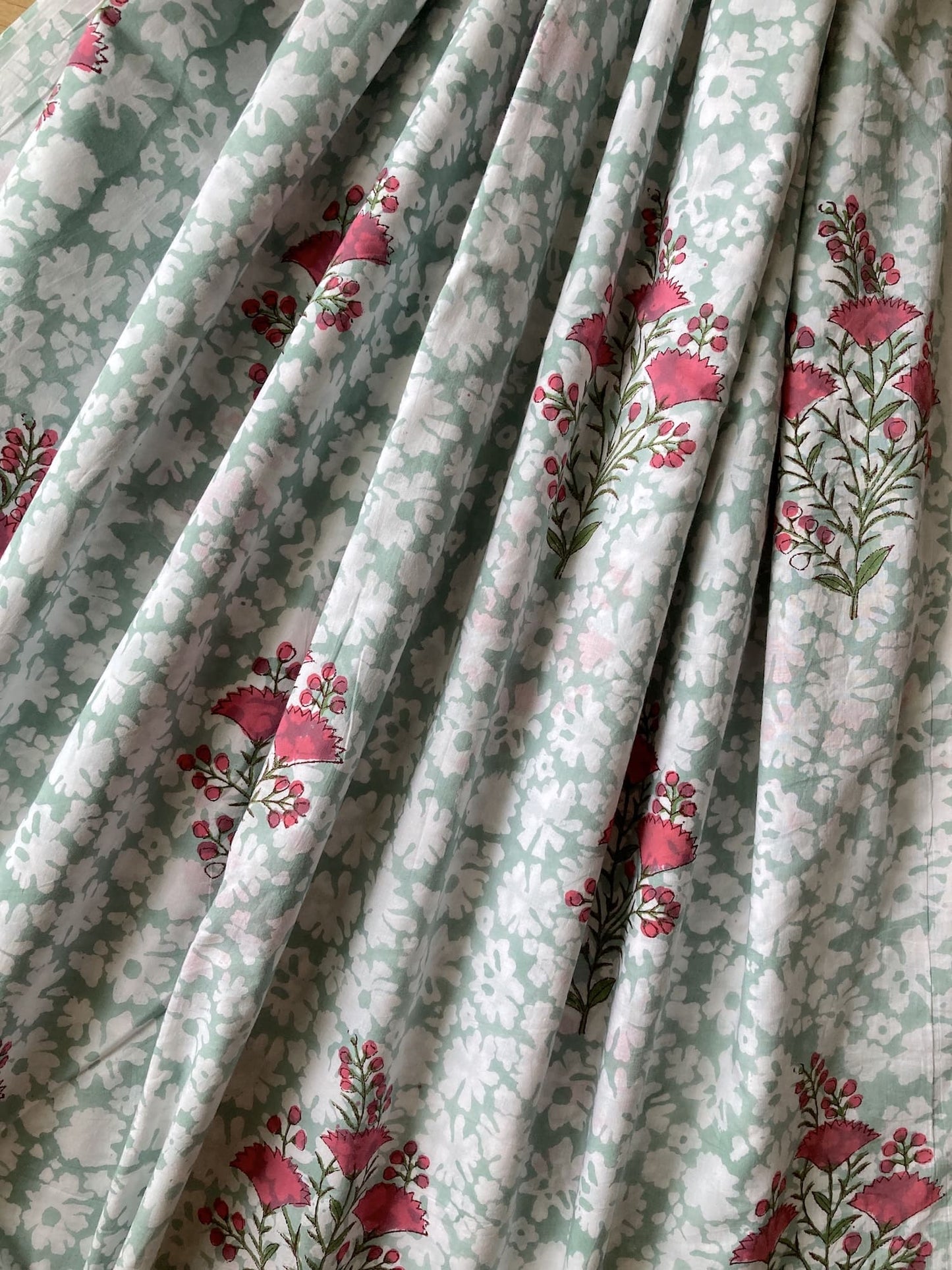 Hand Block Print Aqua Blue x Pink Flower Cotton Fabric  #294-9