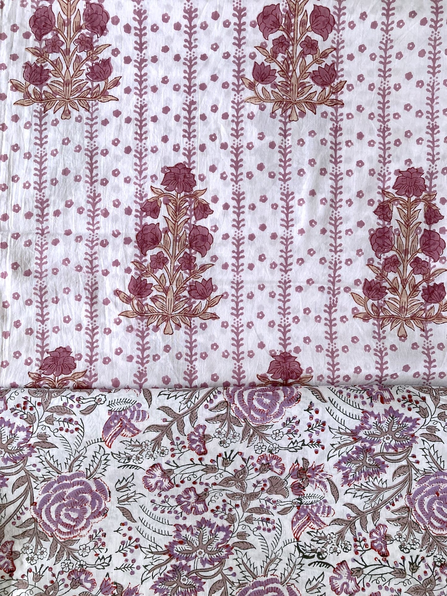 Hand Block Print White & Rose Color Cotton Fabric  #307-6