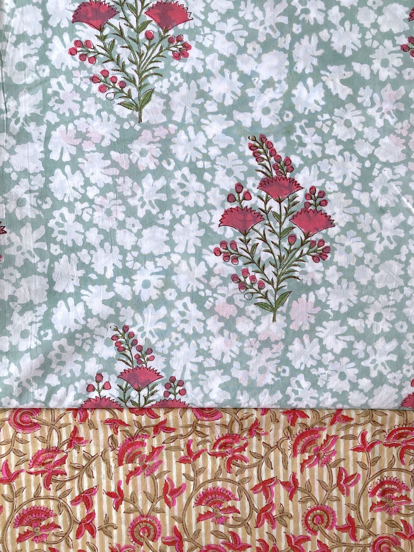 Hand Block Print Aqua Blue x Pink Flower Cotton Fabric  #294-9
