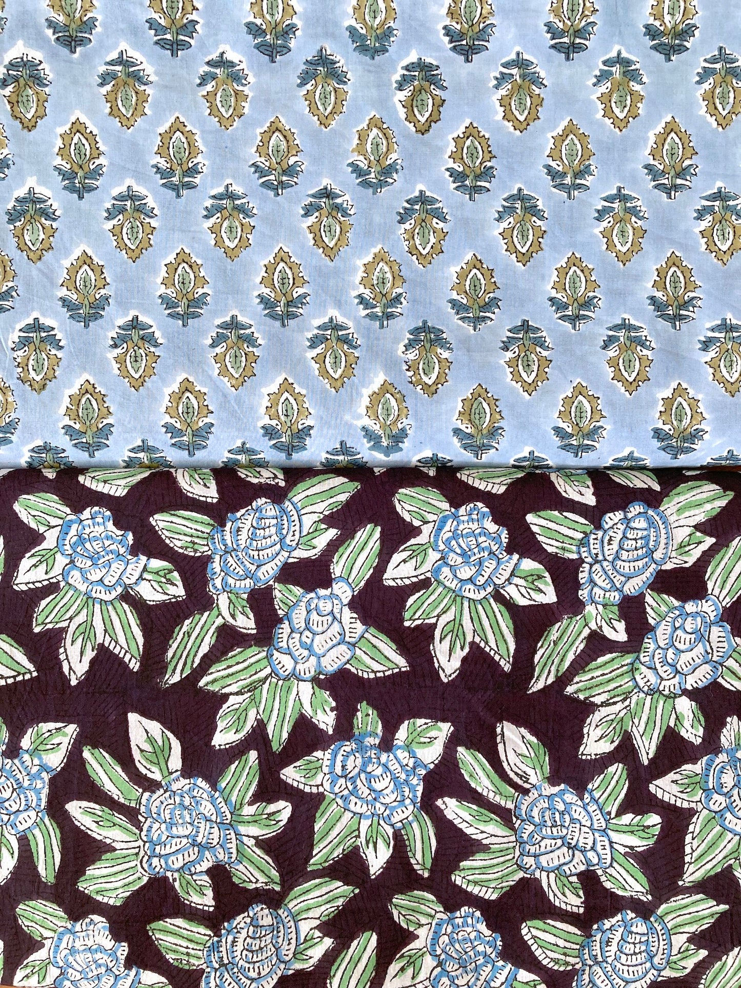 Hand Block Print Ice Blue Floral Cotton Fabric  #298-12