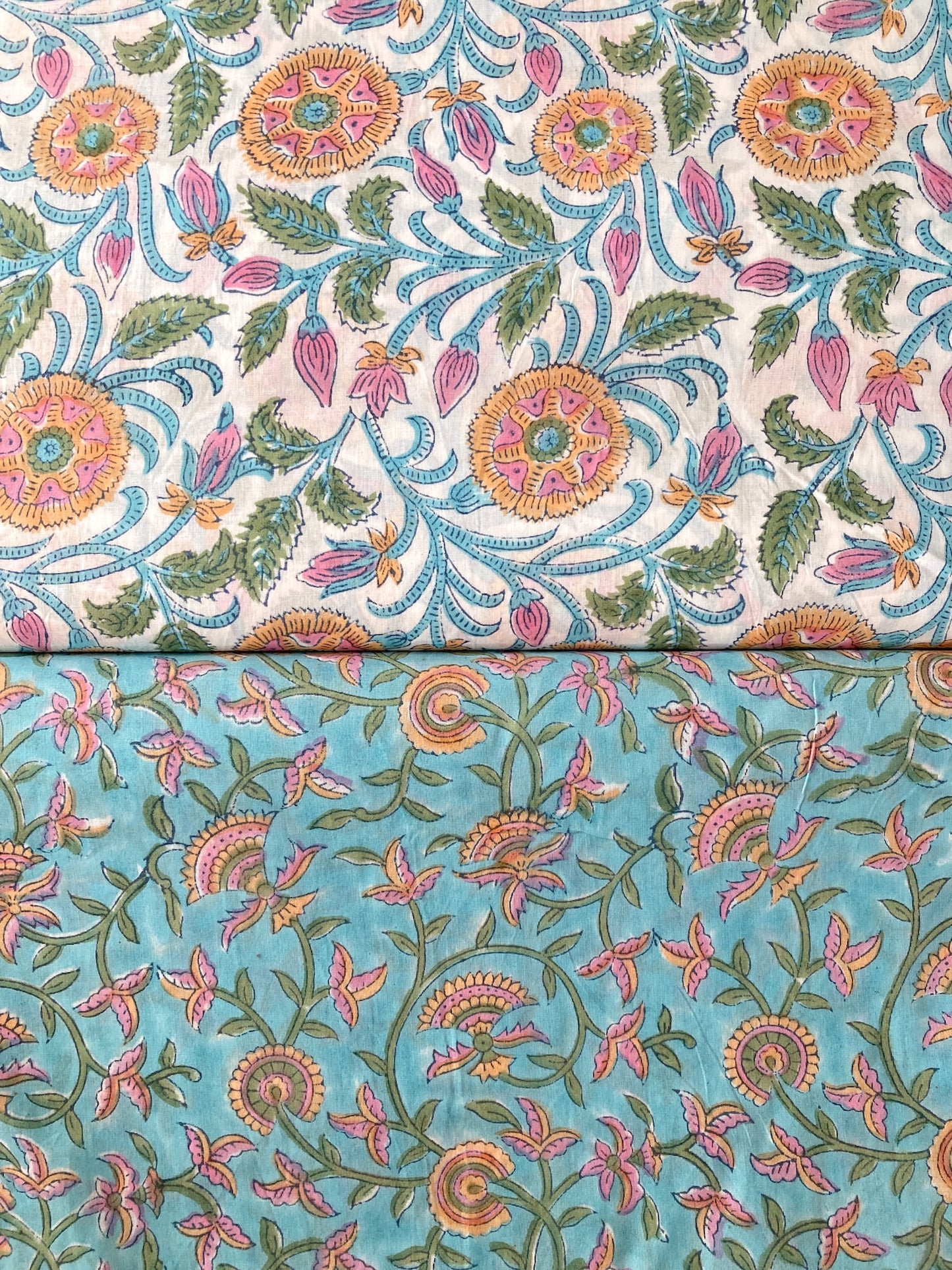 Hand Block Floral Print White Cotton Fabric  #299-13