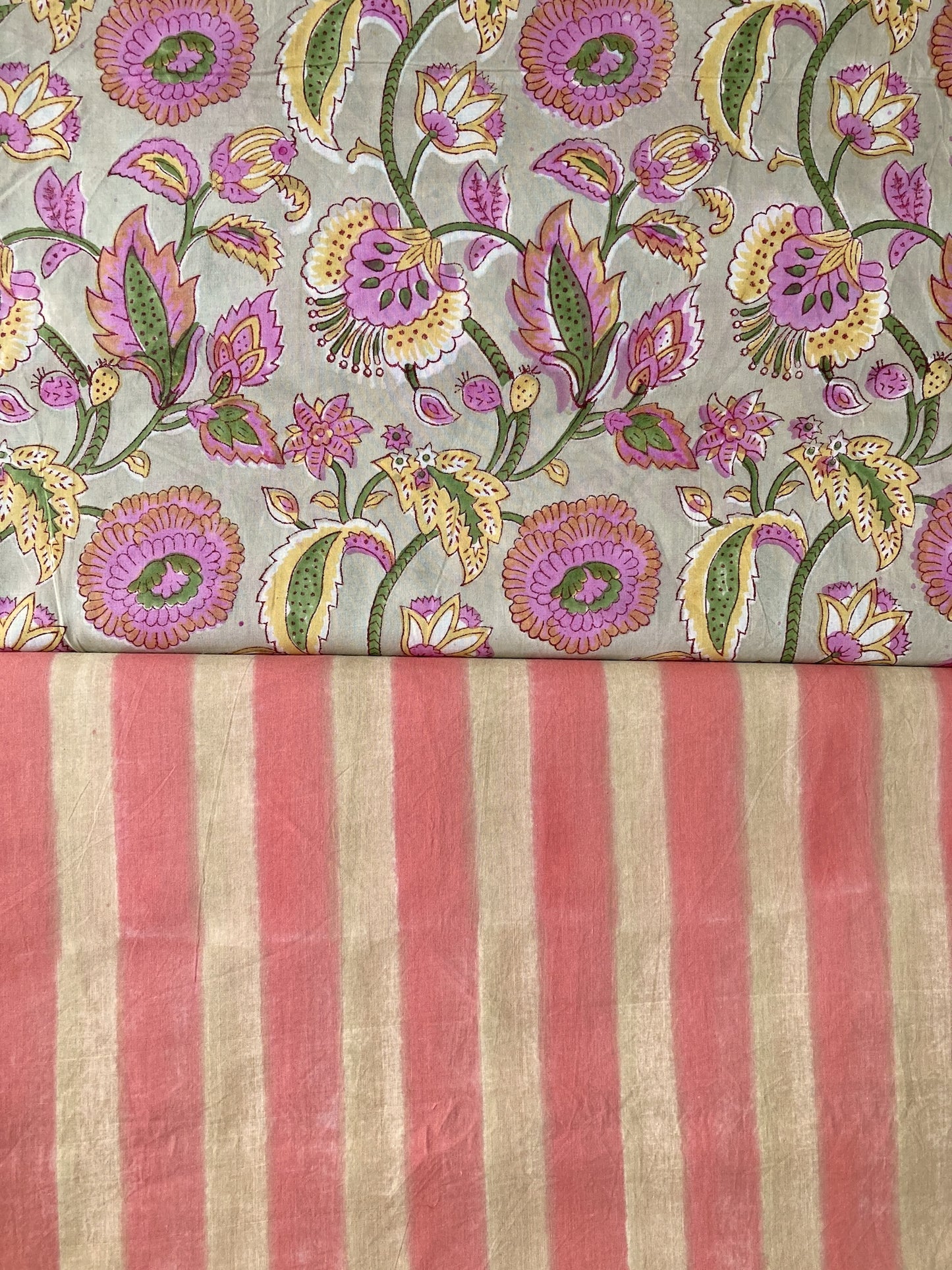 Hand Block Floral Print Sage x Pink Cotton Fabric  #307-10