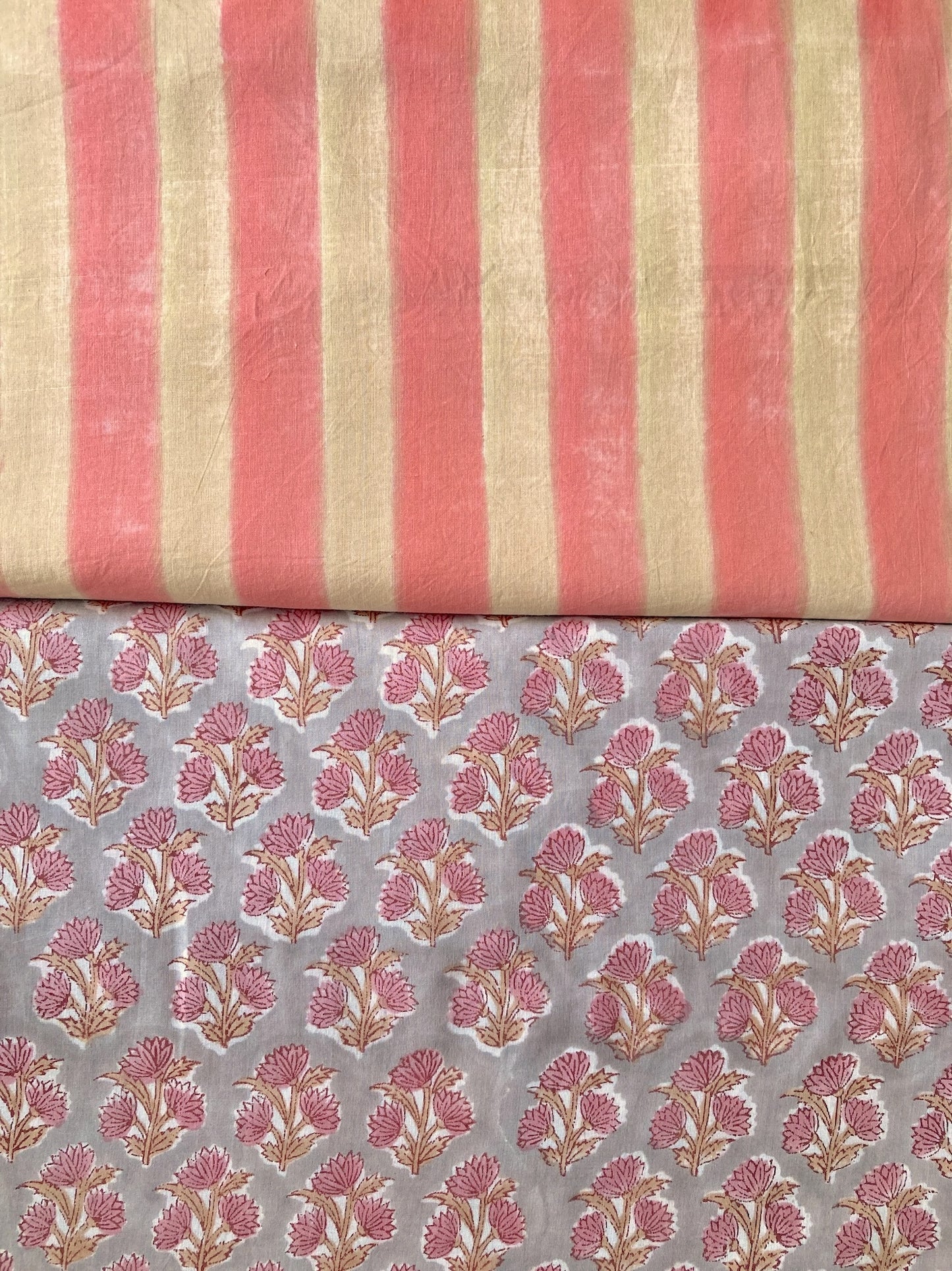 Hand Block Print Pink x Beige Stripes Cotton Fabric  #310-2