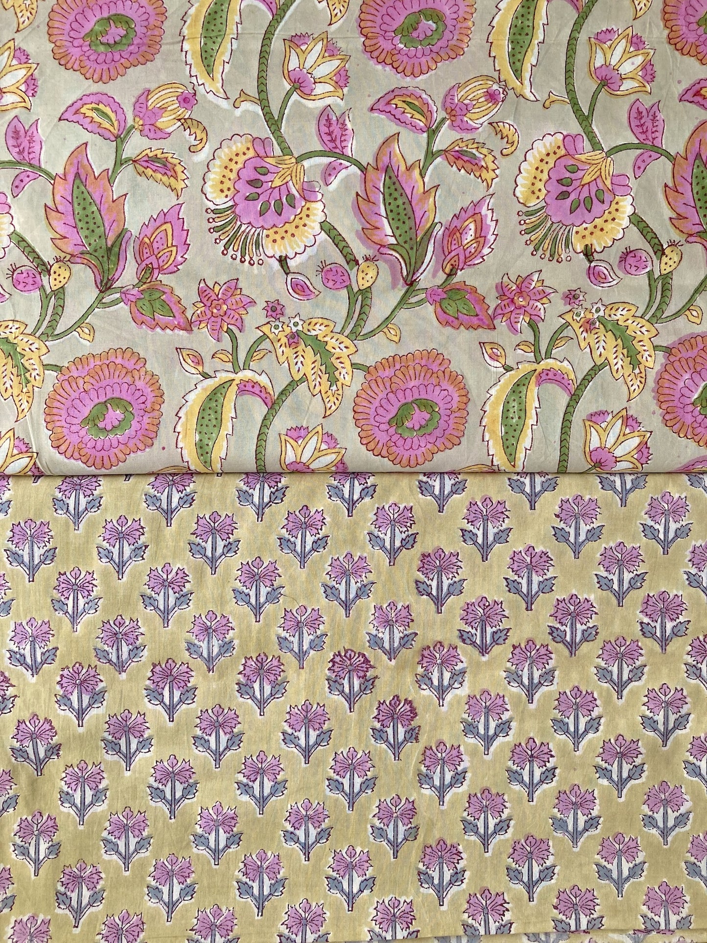Hand Block Floral Print Sage x Pink Cotton Fabric  #307-10