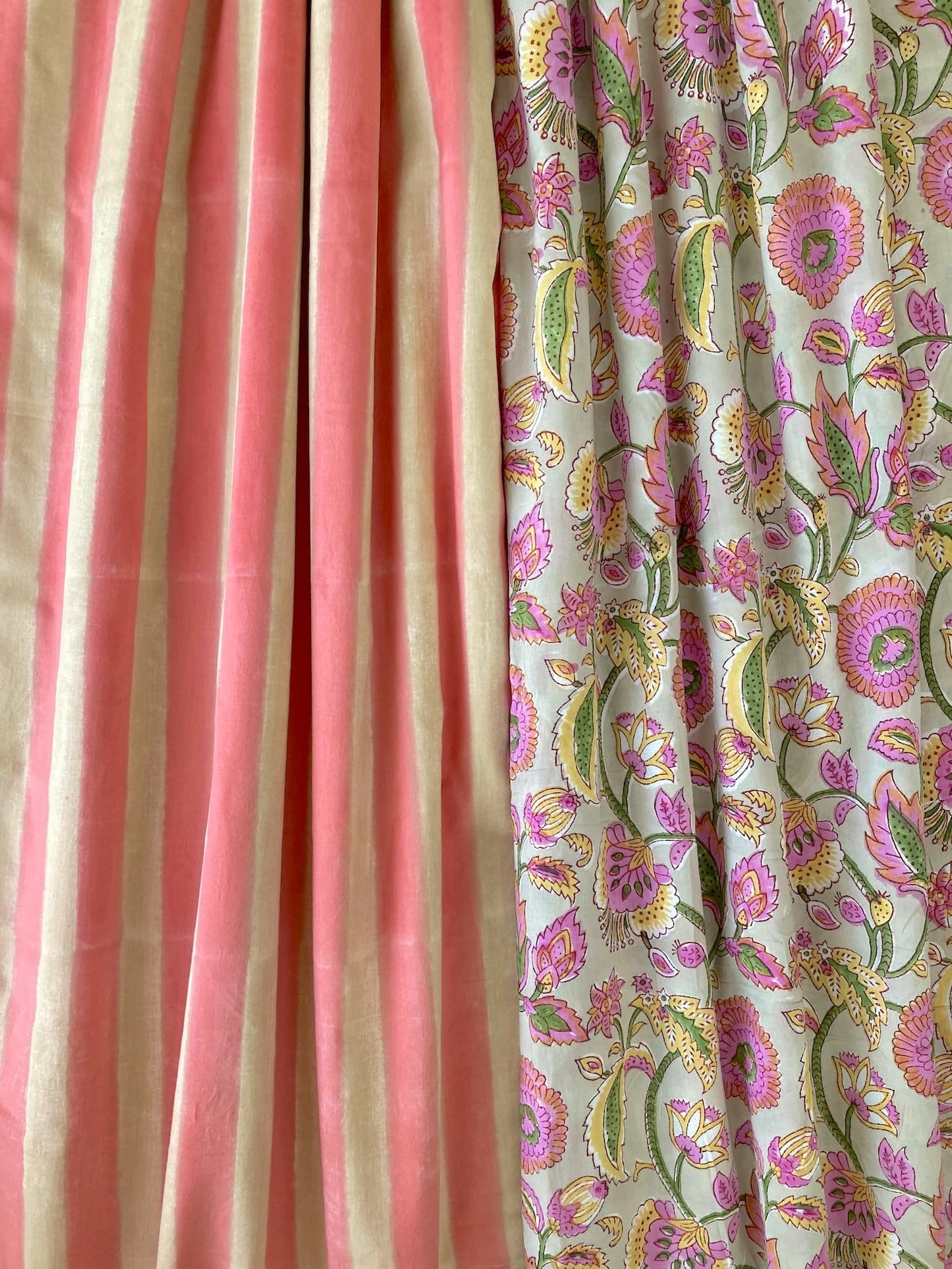 Hand Block Print Pink x Beige Stripes Cotton Fabric  #310-2