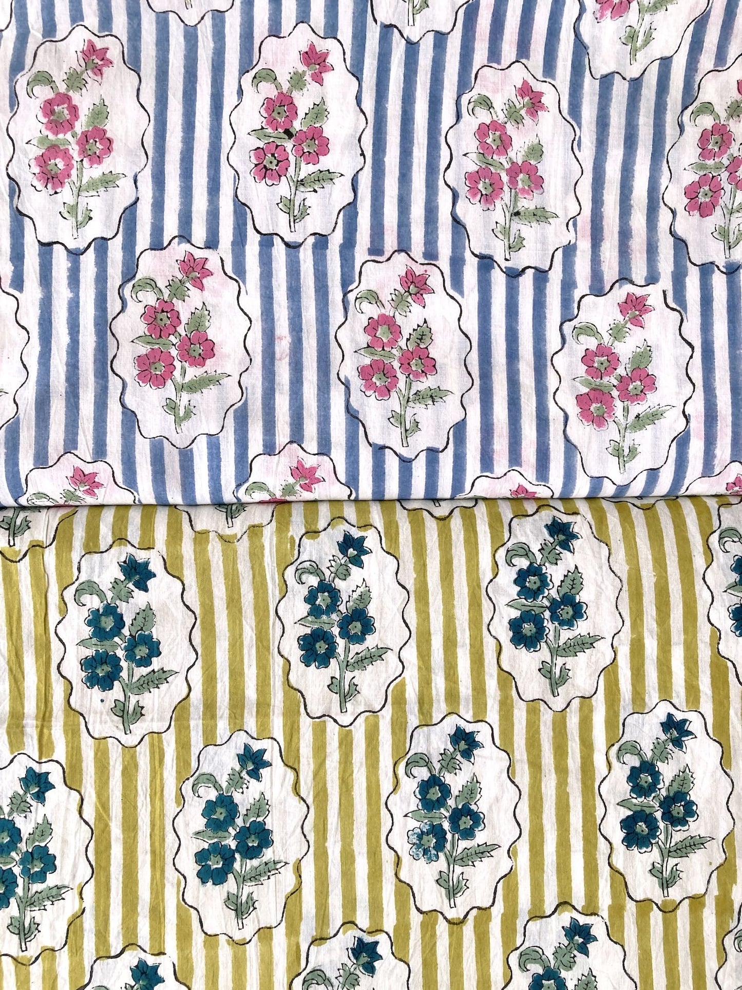 Hand Block Print Cotton Fabric - Blue Stripes Blue Floral Frame　#316-9