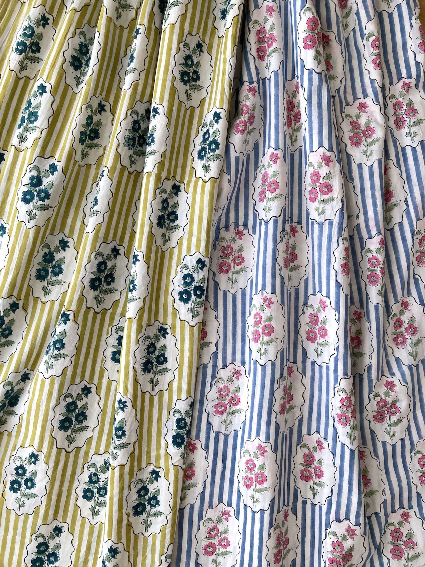 Hand Block Print Cotton Fabric - Blue Stripes Blue Floral Frame　#316-9