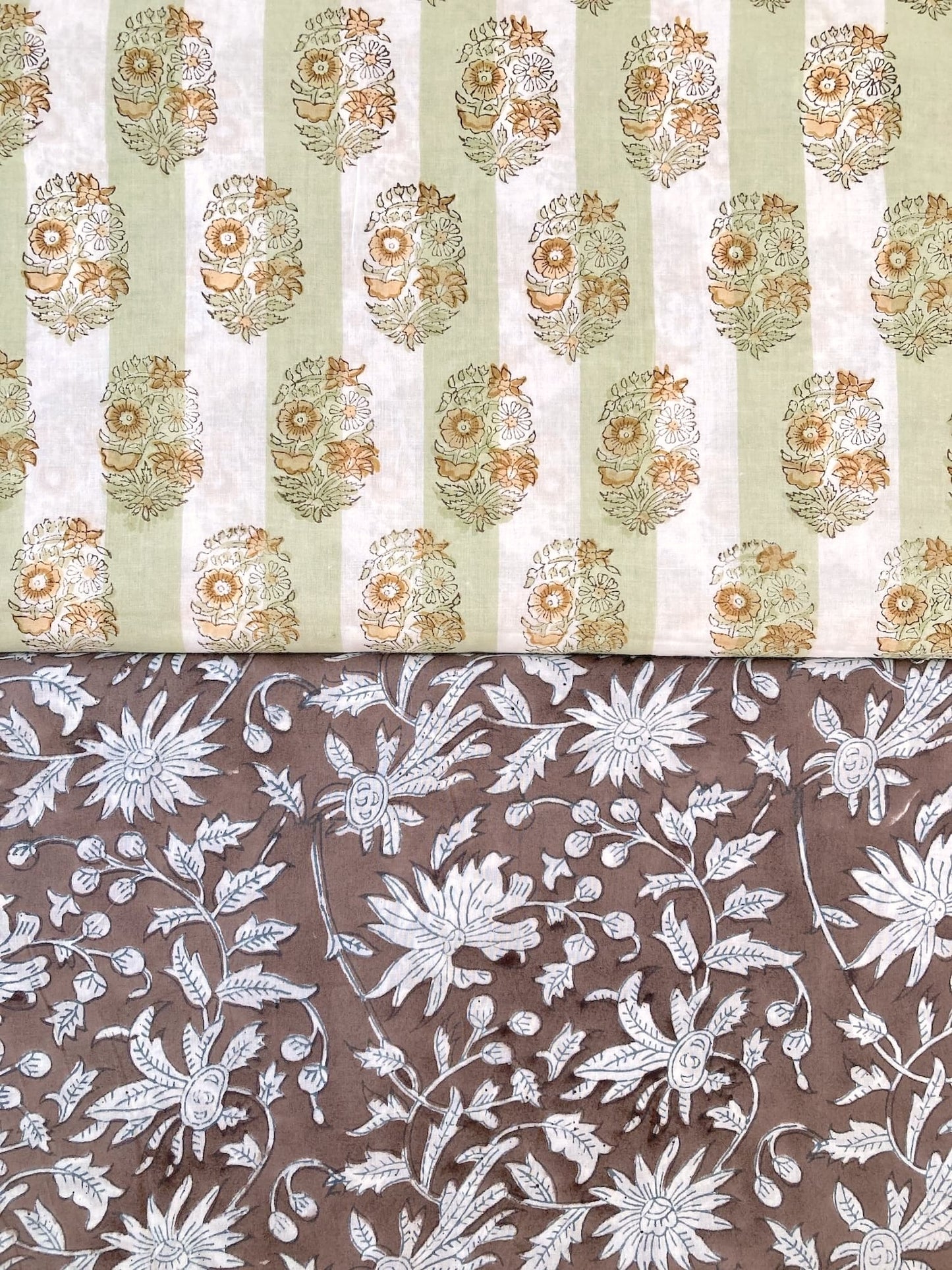 Hand Block Print Sage x White Stripes Cotton Fabric  #310-11