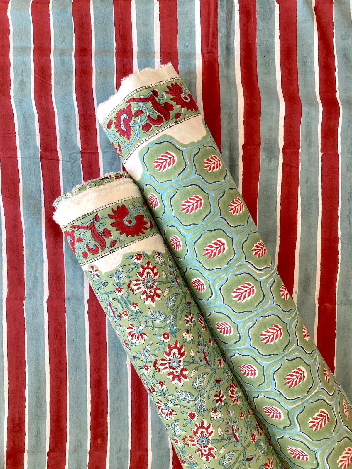 Hand Block Print Green x Red Floral Cotton Fabric   #298-5