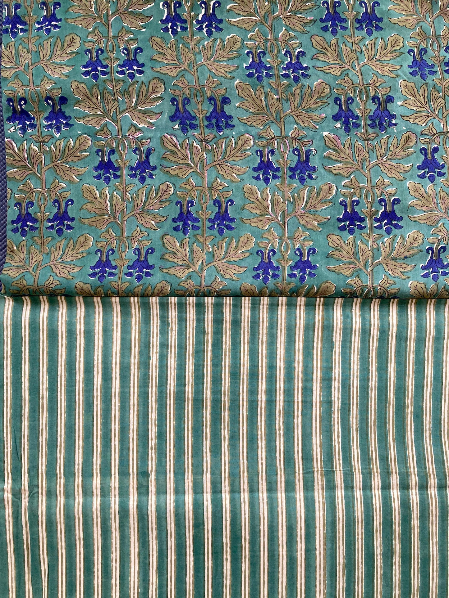 Hand Block Print Striped Green Cotton Fabric #224-28