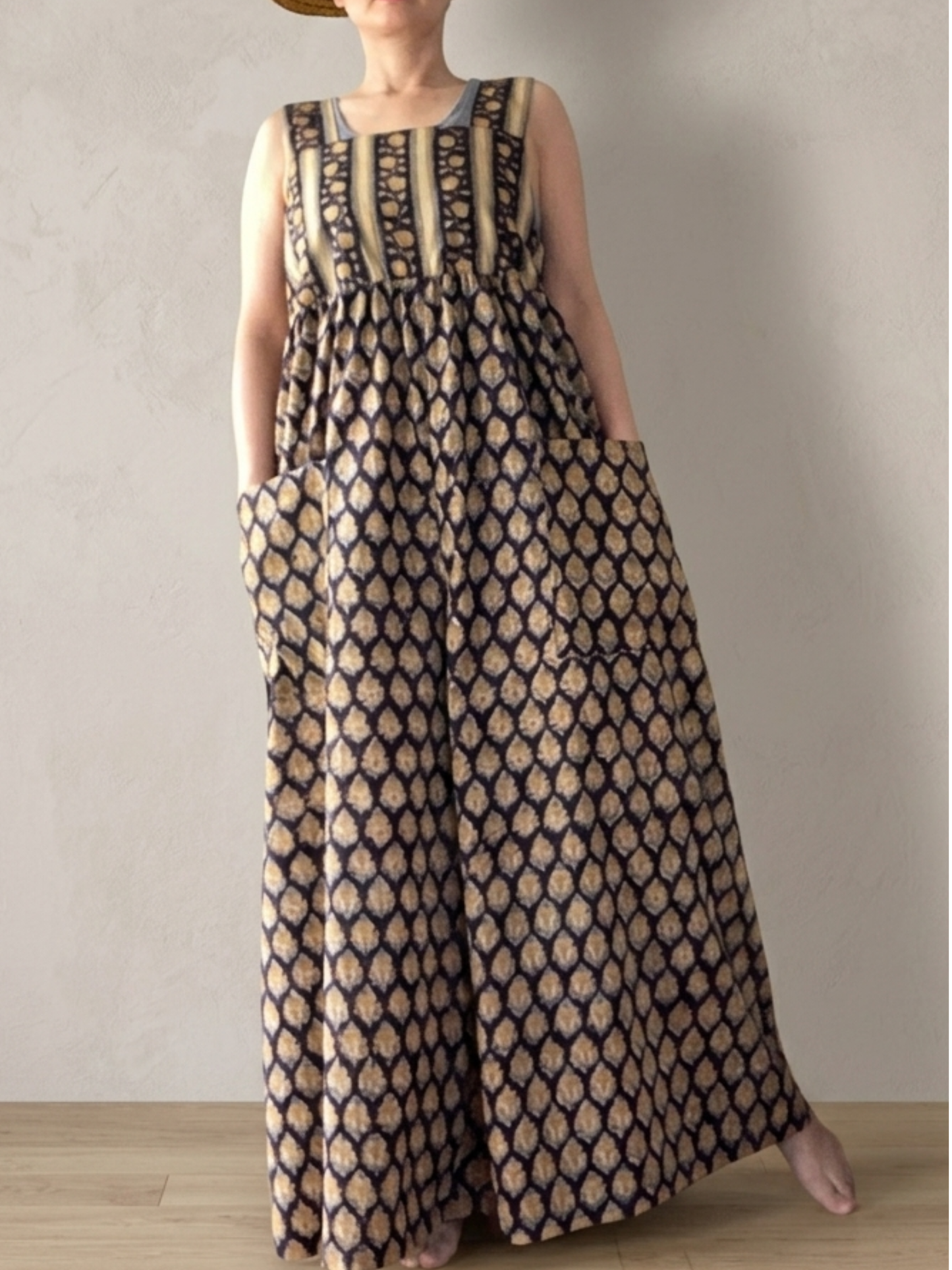 【custom order】Hand Block Print Relax Wide-leg Jumpsuit